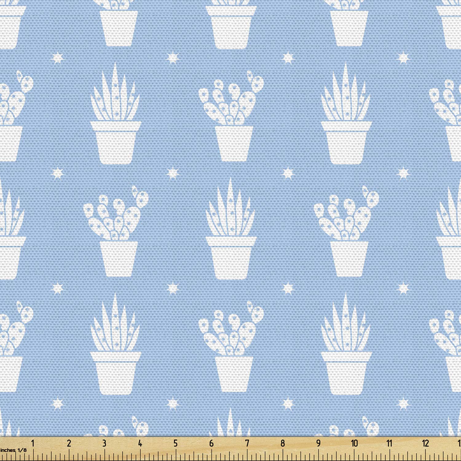 Ambesonne Cactus Print Fabric by The Yard - Pastel Succulents in Pots Design for Upholstery, Curtains & Home Decor - 10 Yards Pale Azure Blue White - Perfect for DIY Projects, Sofa Covers & Nursery Decor