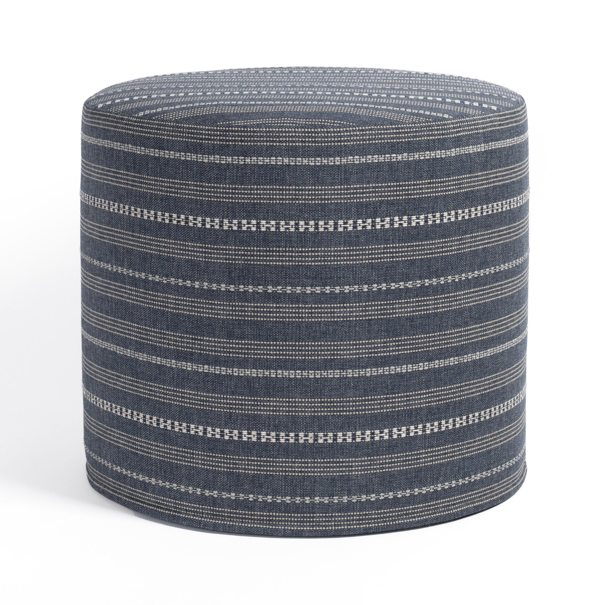 Anya Stripe 18x16 Round Ottoman Pouf in Denim Blue - Perfect for Living Room, Bedroom or Nursery Seating and Storage