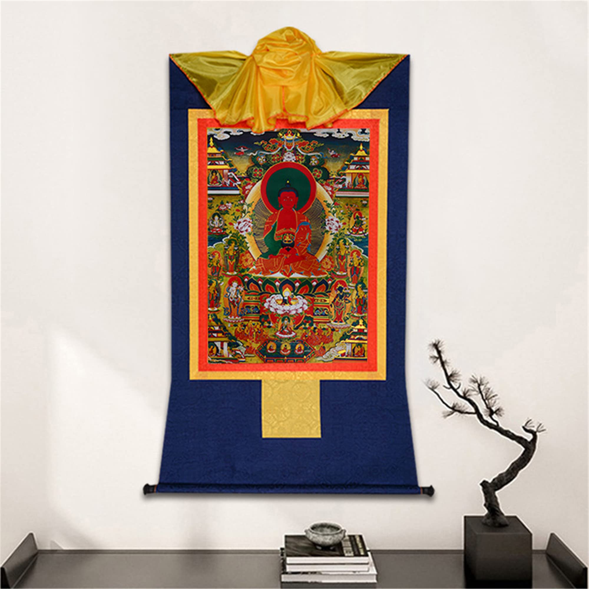 Amitabha Pure Land Thangka - Authentic Tibetan Buddhist Art Wall Hanging | Gold Stamped Buddha Tapestry for Meditation, Zen Decor & Spiritual Healing | Perfect for Home Altar, Yoga Studio & Mindfulness Practice