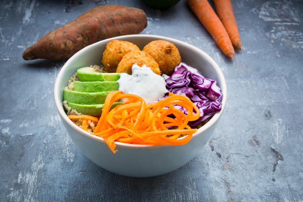 Eco-Friendly Laminated Quinoa Lunch Bowl with Sweet Potato Falafel - Healthy Meal Prep Container - Perfect for Office Lunch, Picnics & Meal Prepping - 24x16 Wall Art Poster for Kitchen Decor