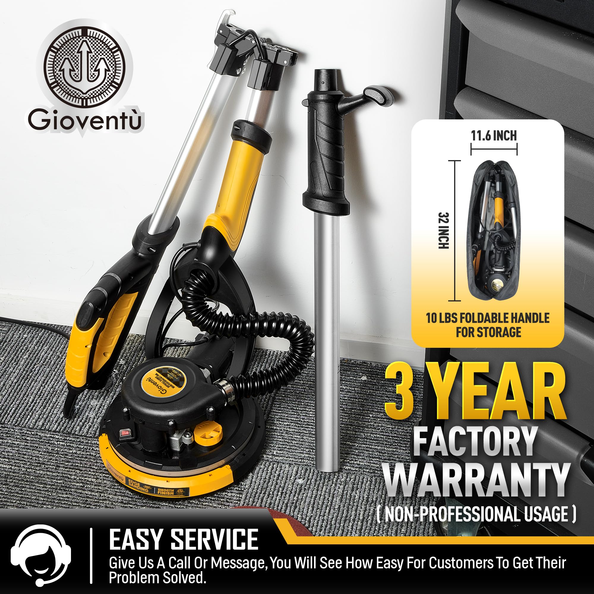 750W Electric Drywall Sander with Vacuum Attachment - Auto Dust Collection, 7 Speed Settings (900-1800 RPM) - Dustless Wall Sander for Popcorn Ceiling & Drywall - Long Power Cord - Perfect for Home Renovation & Professional Construction Projects