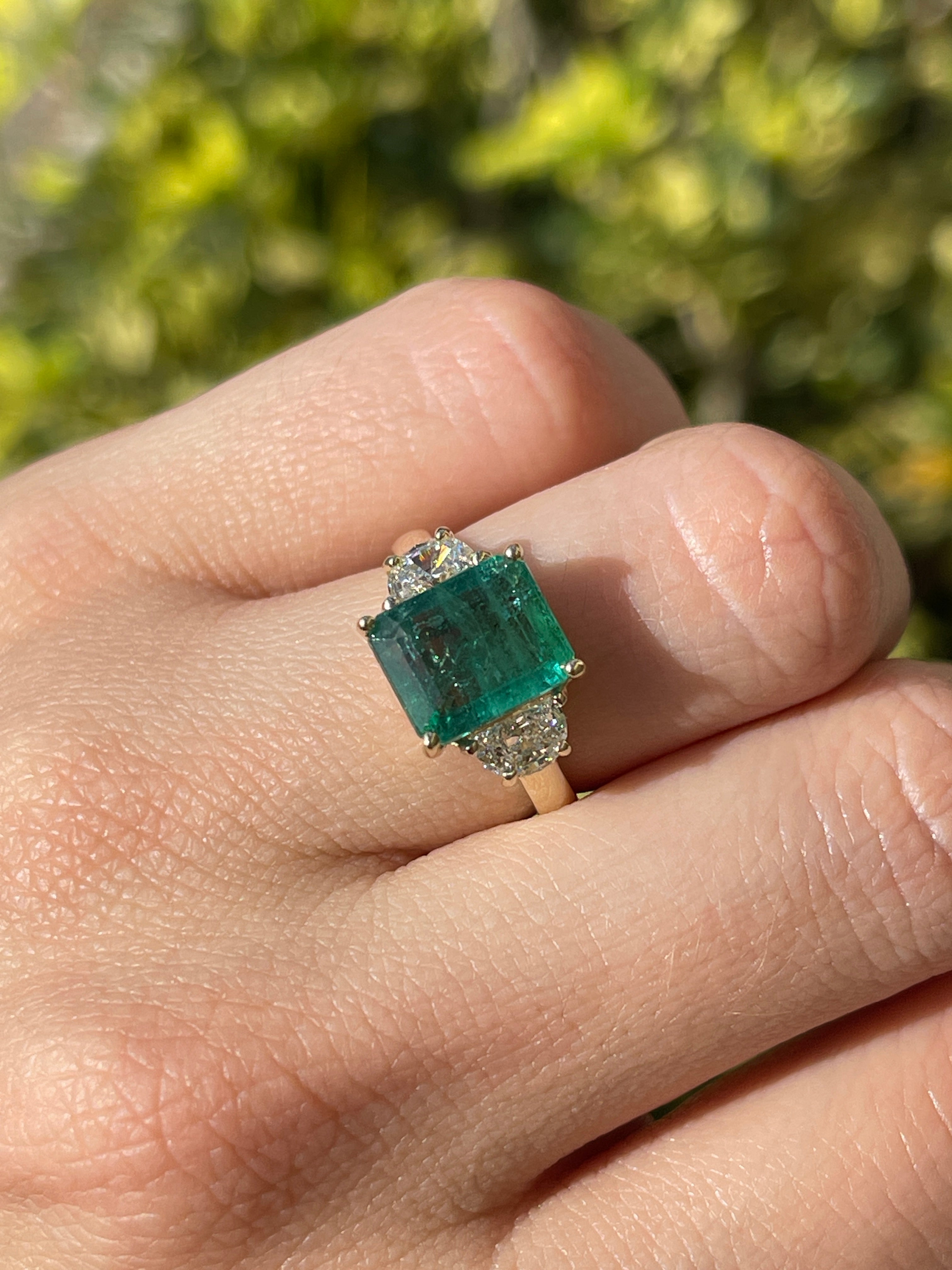 4.88tcw Natural Emerald & Lab-Created Half Moon Diamond 14K Gold Three Stone Ring for Engagement, Wedding, Anniversary & Special Occasions