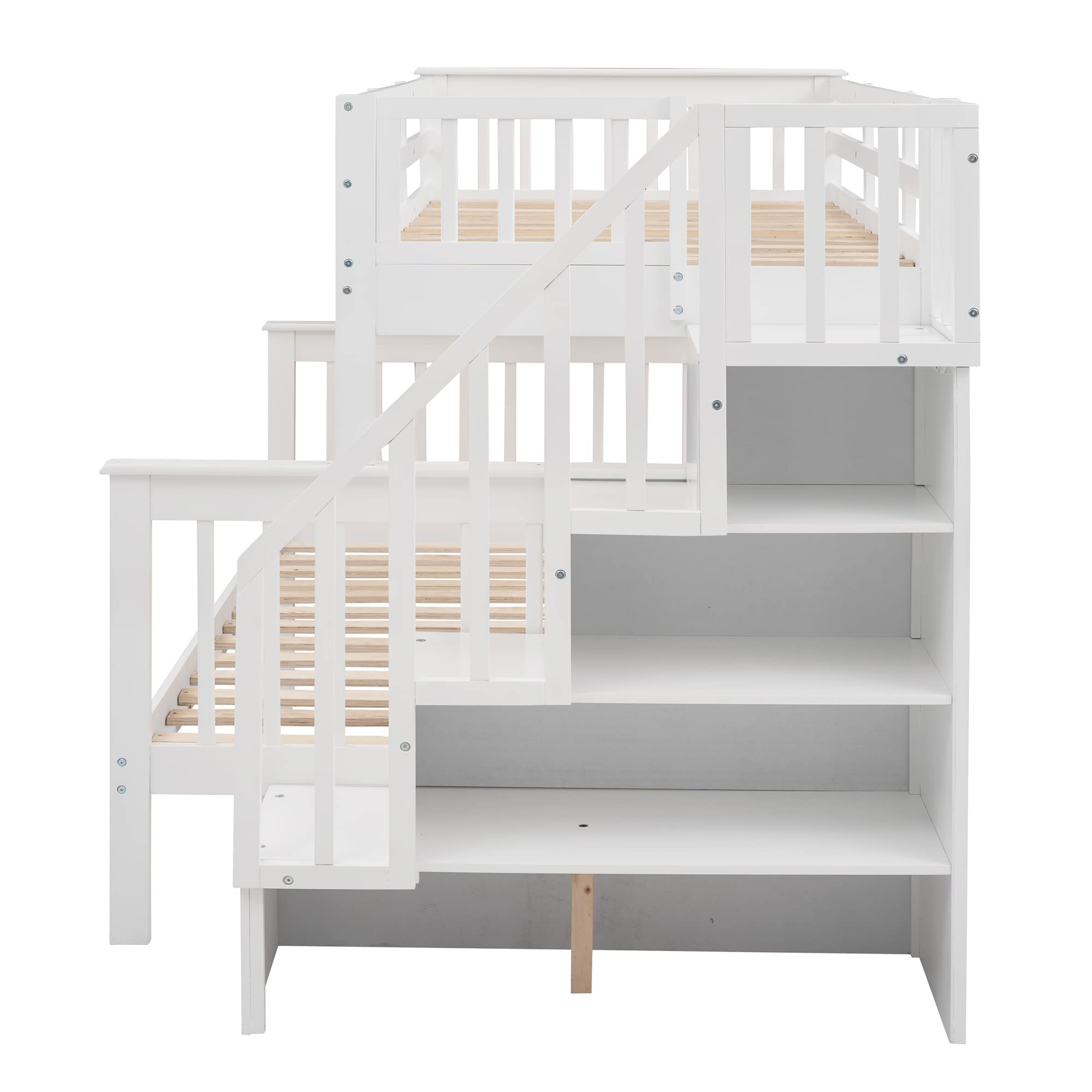 Upgraded Solid Wood Twin Over Full Bunk Bed with Storage Stairs & 4 Shelves | Convertible to 2 Separate Beds | Safety Guard Rail | No Box Spring Needed | Perfect for Kids & Teens Bedrooms, Guest Rooms & Small Spaces (White)