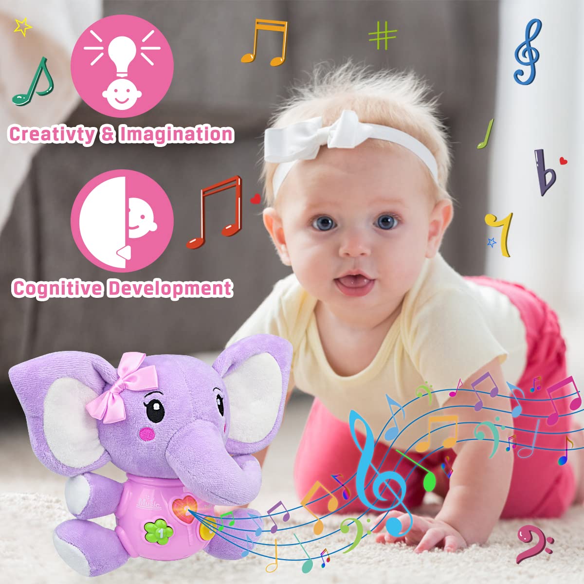Aiduy Musical Plush Elephant Toy for Babies 6-12 Months - Light Up Gift for Newborns & Infants - Perfect for Playtime & Nursery Decor