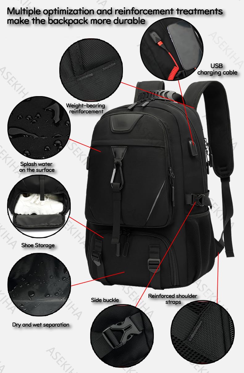 Women's 40L Large Backpack with Shoe Compartment, USB Charging Port, 14-Inch Laptop Compartment - Perfect for Work, School, Sports, Camping, Hiking, and Travel - Black