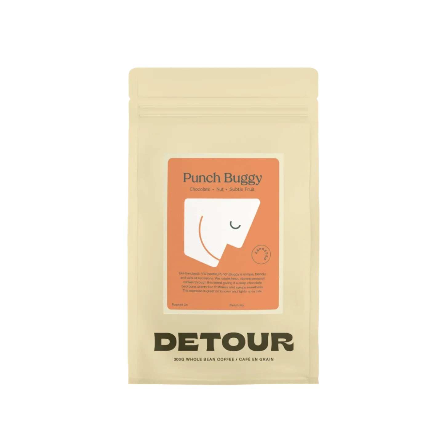 Detour Punch Buggy Espresso Whole Bean Coffee - 300g Dark Roast Premium Arabica Beans for Rich Flavor - Perfect for Espresso Machines, French Press & Cold Brew at Home or Office