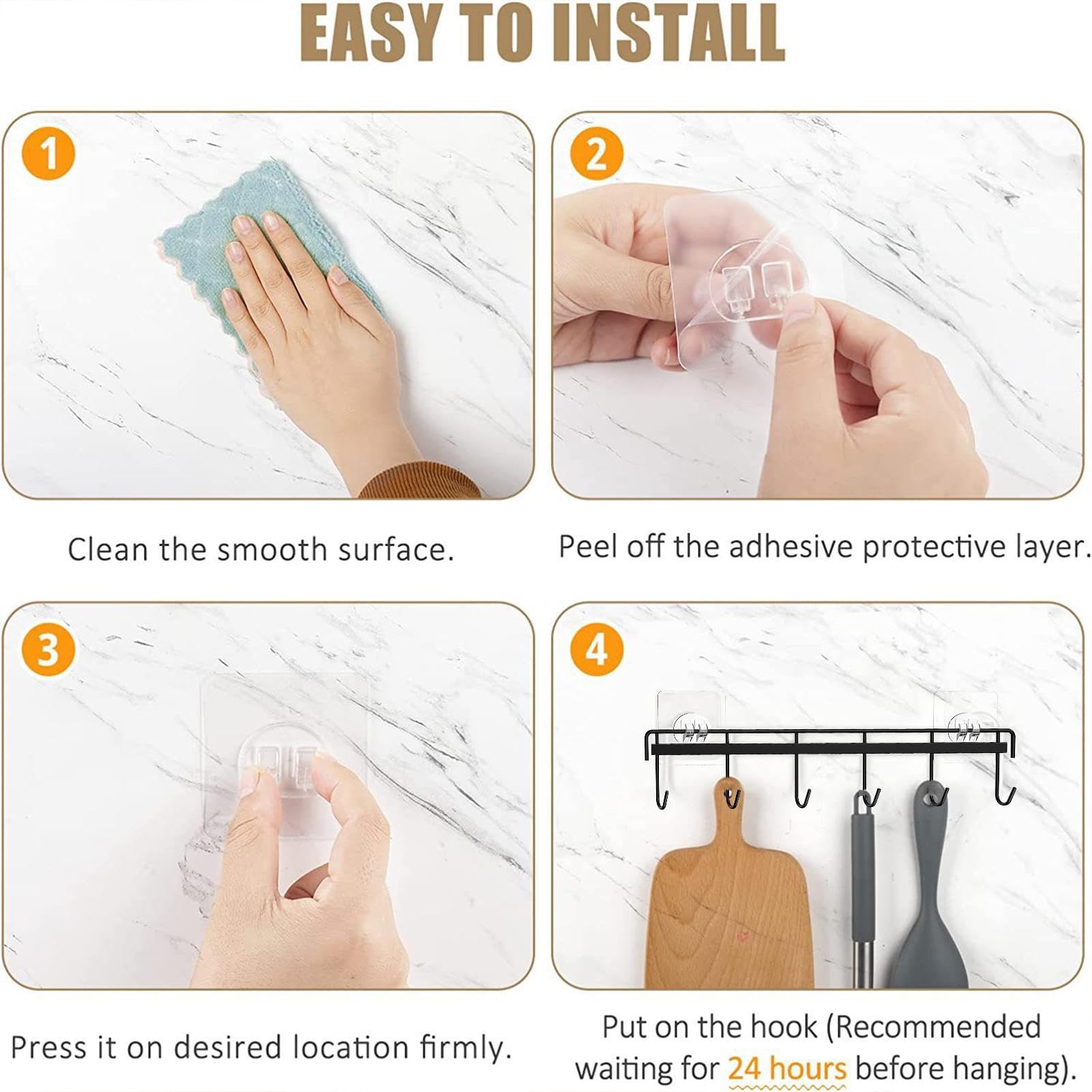 Strong Adhesive Wall Hooks Rack - No Drill Kitchen Utensil Holder with 6 Hooks - Space Saving Wall Mounted Organizer for Spoons, Knives, Towels - Perfect for Small Kitchens, Dorms, RVs & Bathrooms