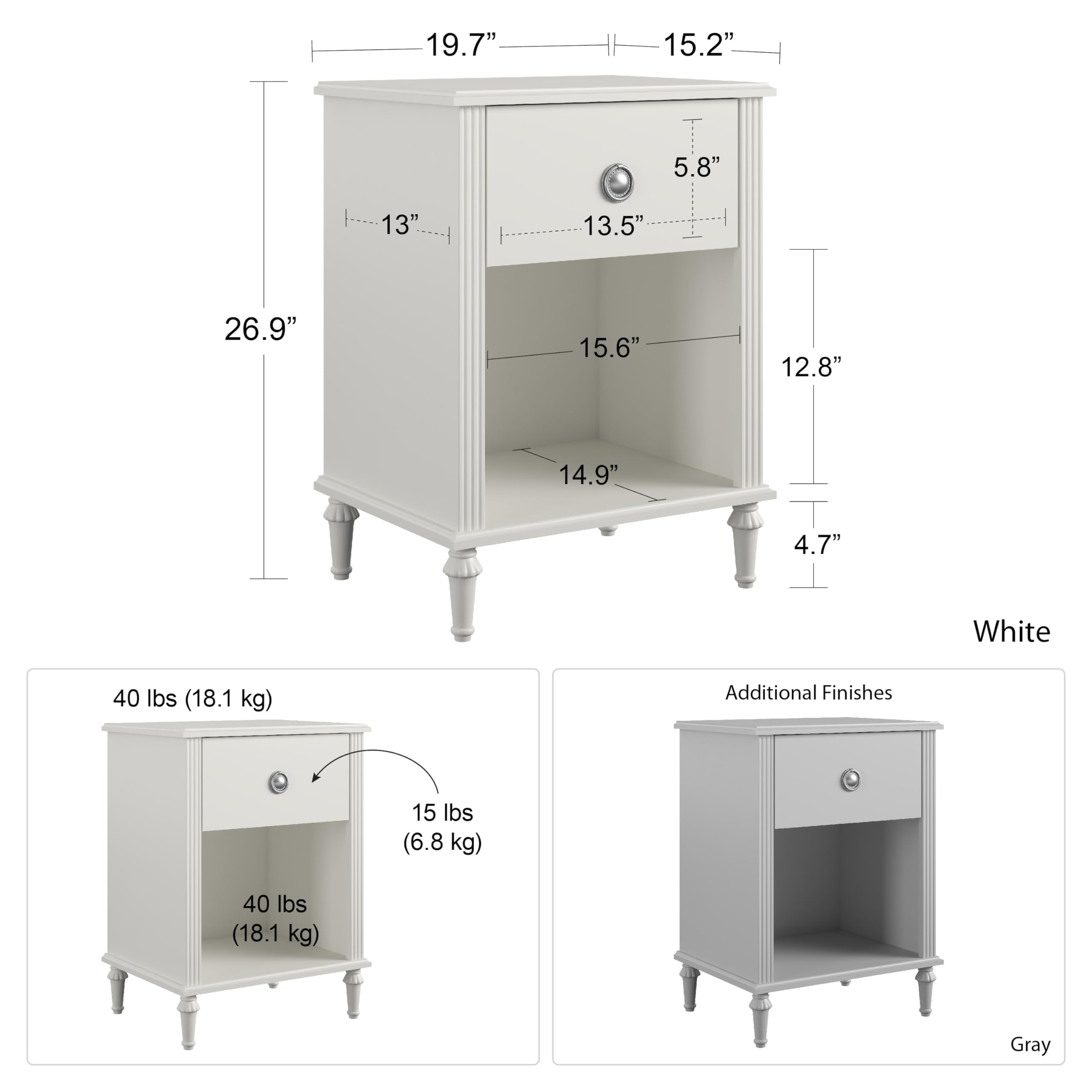 Little Seeds Rowan Valley Arden 1-Drawer White Kids Nightstand - Perfect for Bedroom, Nursery & Playroom Storage