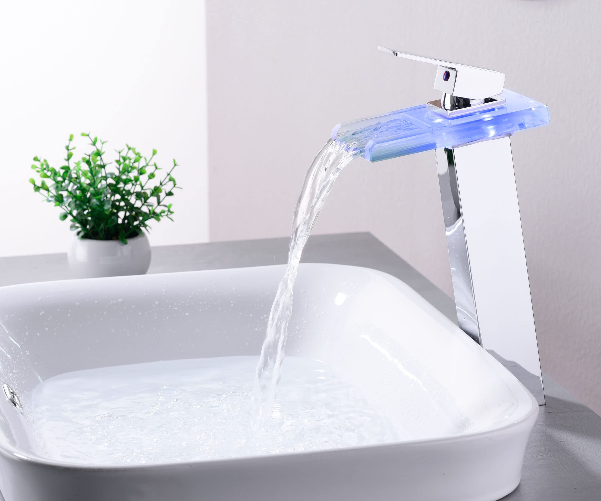 Tall LED Waterfall Bathroom Sink Faucet - Single Handle Brass Vessel Faucet with Open Glass Spout (1 Hole & 2 Supply Lines) - Perfect for Modern Vanities, Luxury Bathrooms & Spa Retreats