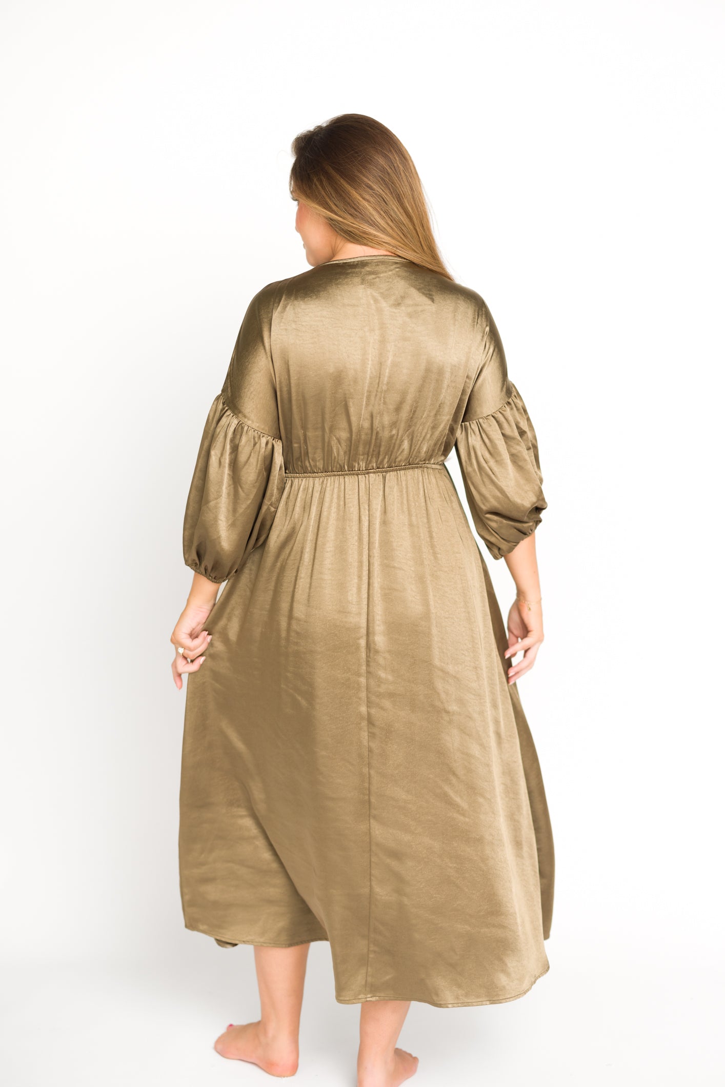 Hunter Premium Satin Midi Dress in Tapenade - Bump Friendly Maternity Dress for Special Occasions & Date Nights