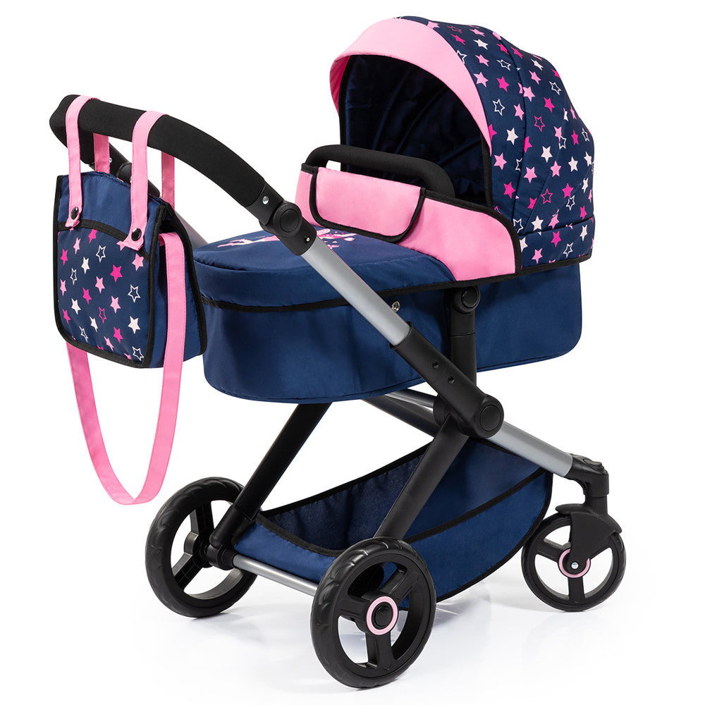 Bayer Design Dolls Pram Xeo - Adjustable Combi Doll Stroller for Kids | Blue, Pink, Stars Pattern | Perfect for Pretend Play, Outdoor Walks & Nursery Decor