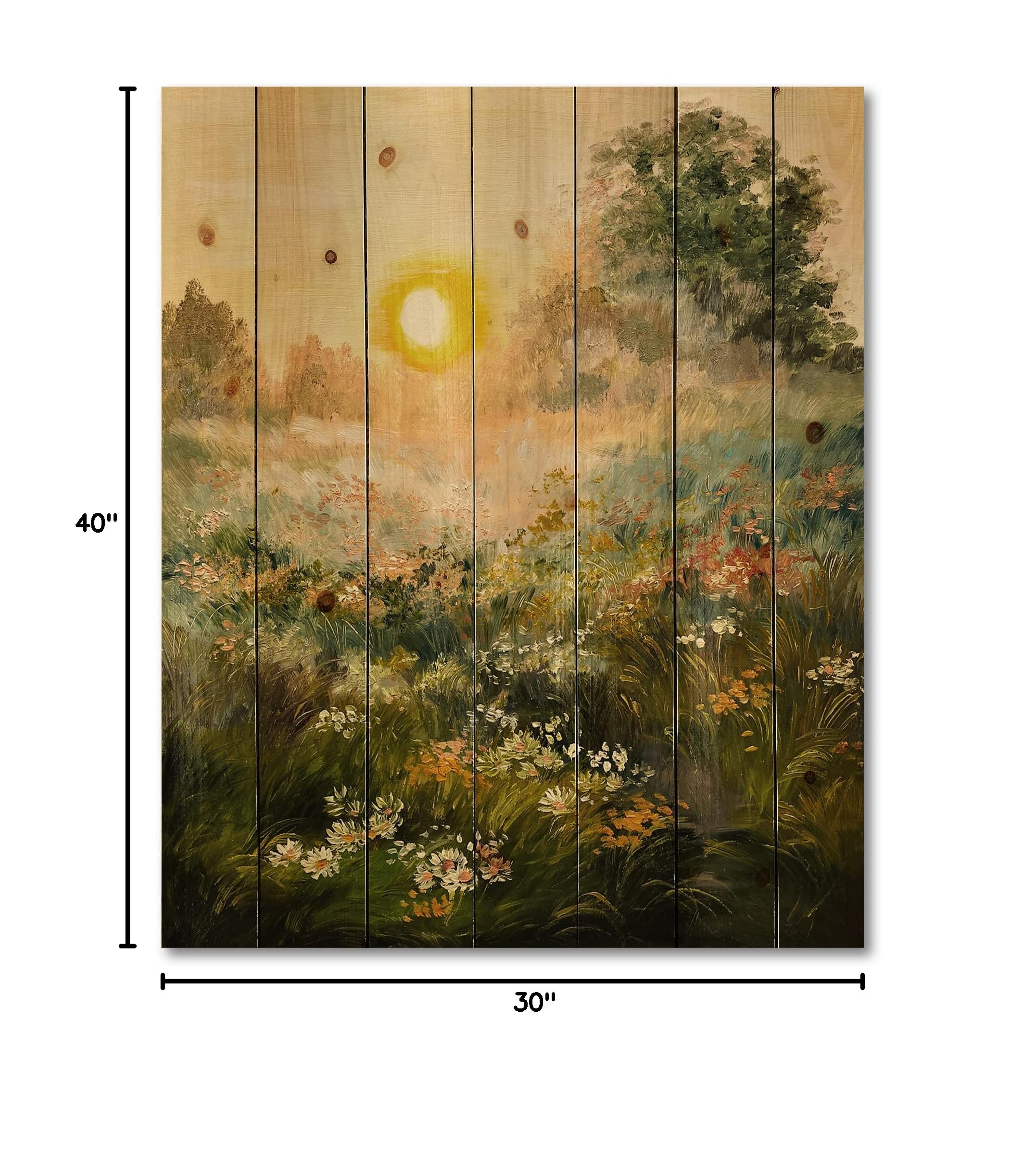 DesignQ Sunrise In The Blossoming Field Farmhouse Wood Wall Decor - Large Green Landscape Wall Art Panel Printed on Natural Pine Wood - Perfect for Living Room, Bedroom & Home Office Decor
