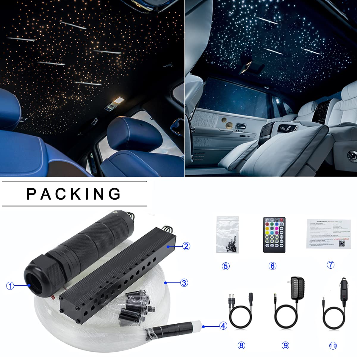 AZIMOM 6W RGBW Fiber Optic Meteor Ceiling Light Kit - 450pcs 0.03in Fiber Strands with Bluetooth/APP Control - Car Starlight Headliner & Home Decor for Bedroom, Theater, Party Lighting