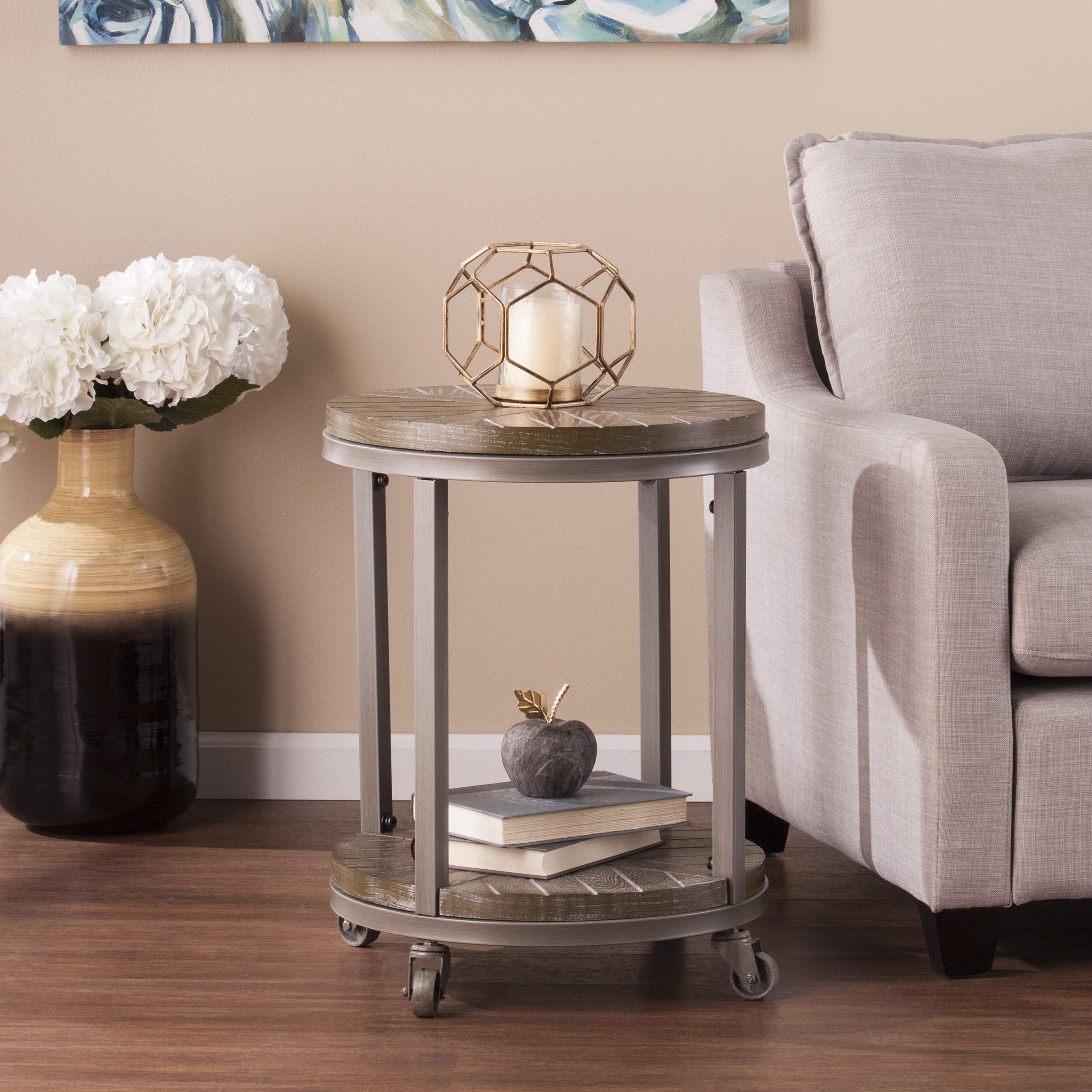 SEI Furniture Konya Urban Industrial Round End Table - White Limed Burnt Oak & Distressed Gray Finish | Modern Side Table for Living Room, Bedroom, or Office