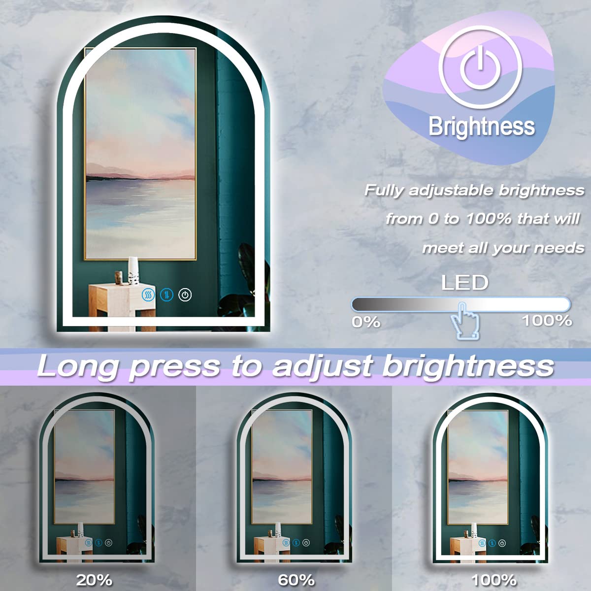 32x24 Inch Arched LED Bathroom Mirror with Anti-Fog & Dimmable Smart Lighting - Wall Mounted Vanity Mirror with 3 Color Temperature Options for Modern Bathrooms, Makeup Application and Shaving
