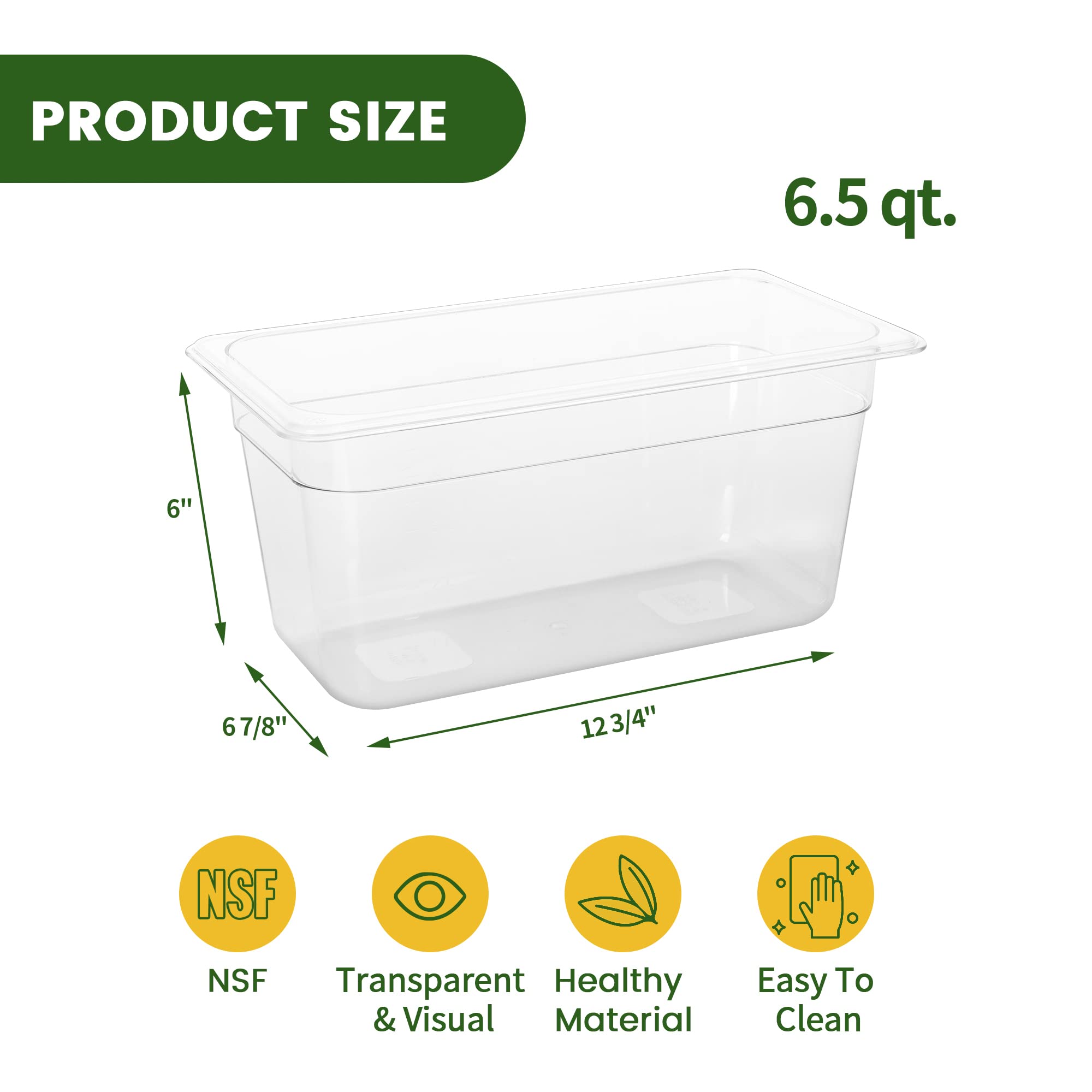 6 Pack NSF Certified 1/3 Size 6 Inch Deep Clear Polycarbonate Food Storage Pans - Perfect for Commercial Kitchens, Buffets, and Food Prep