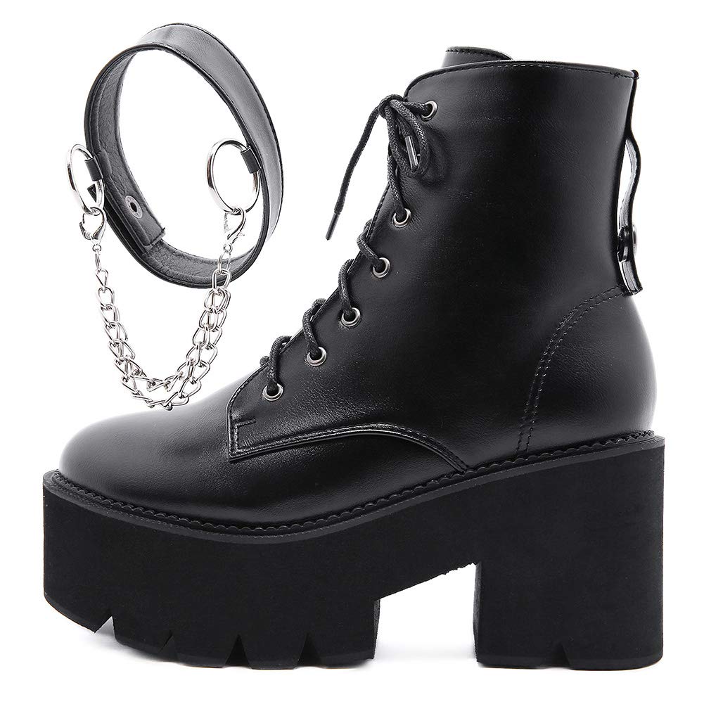 CYNLLIO Women's Fashion Block Heel Platform Combat Ankle Boots - Lace Up Studded Motorcycle Boots for Women, Mid Calf Boots - Perfect for Casual Outfits, Night Out, and Biker Style Fashion