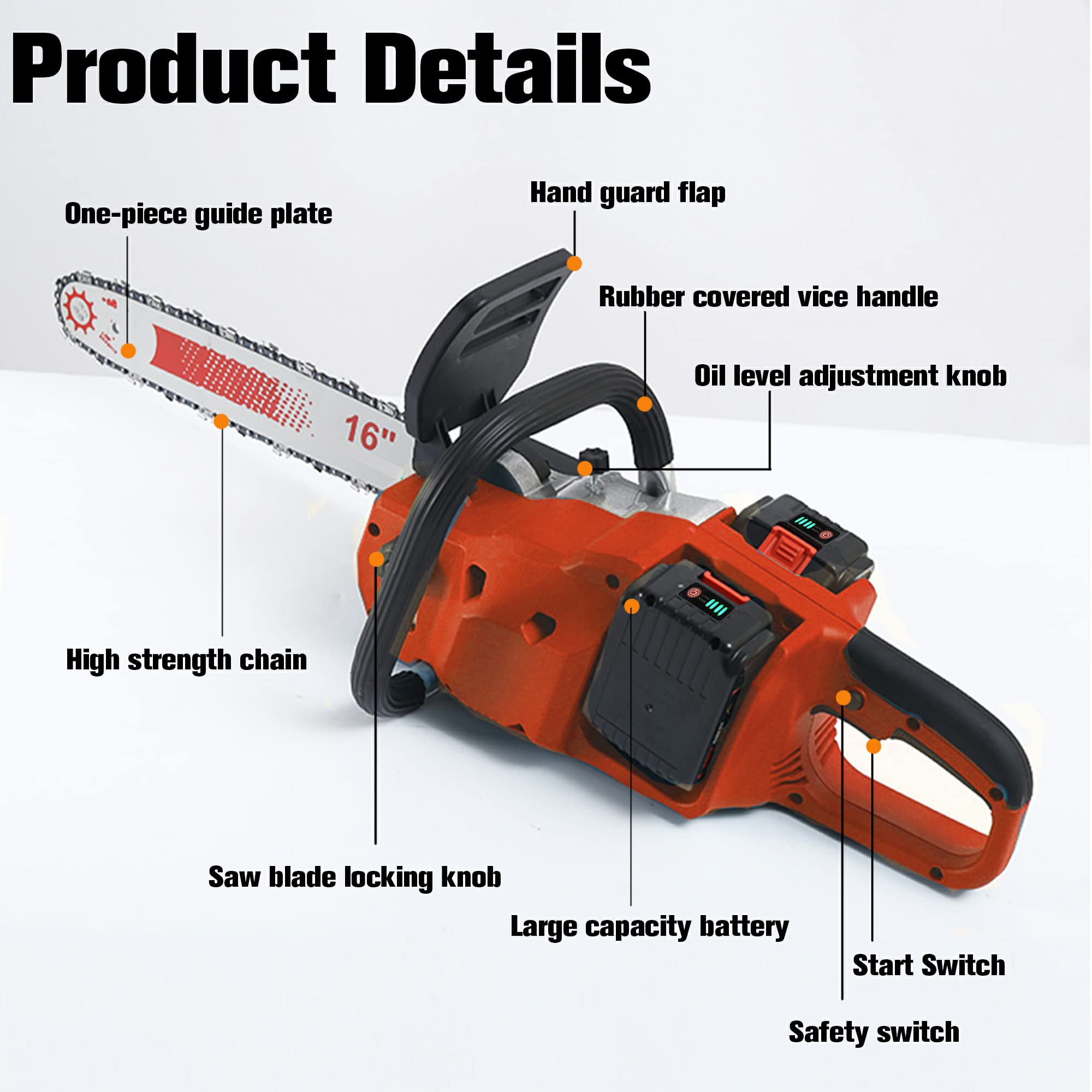 16 Inch Cordless Electric Chainsaw with 2x 6000mAh Batteries - Powerful Battery Chainsaw for Wood Cutting, Tree Branch Trimming, Firewood Preparation & Yard Maintenance (Orange Chainsaw Tool for Home Gardening & Landscaping)