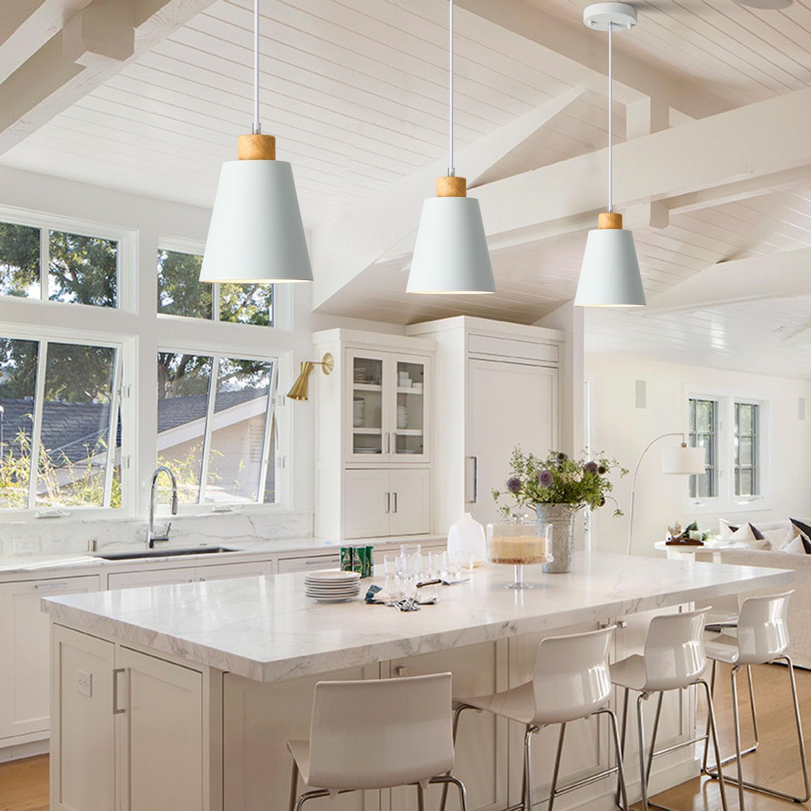 Modern White Wood Pendant Light - 5.94 Inch Adjustable Hanging Light Fixture for Kitchen Island, Dining Room, Bar & Bedroom | Mini Contemporary Ceiling Lighting for Home Decor, Restaurants and Cafes