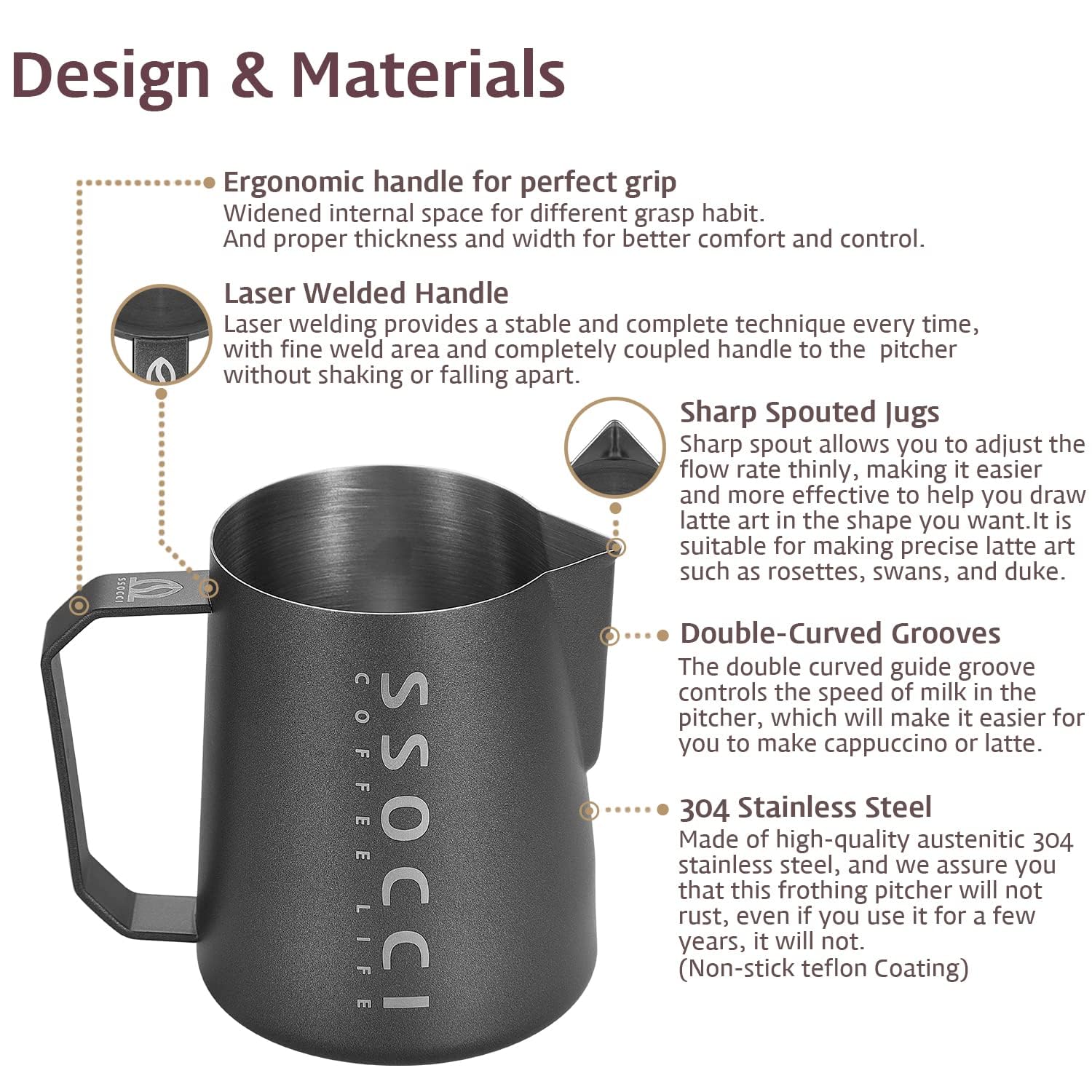 Premium 16oz (500ml) Espresso Steaming Pitcher - 304 Stainless Steel Milk Frothing Jug with Sharp Spout for Perfect Latte Art - Barista-Grade Coffee Accessory for Home & Cafe Use (Dark Grey)