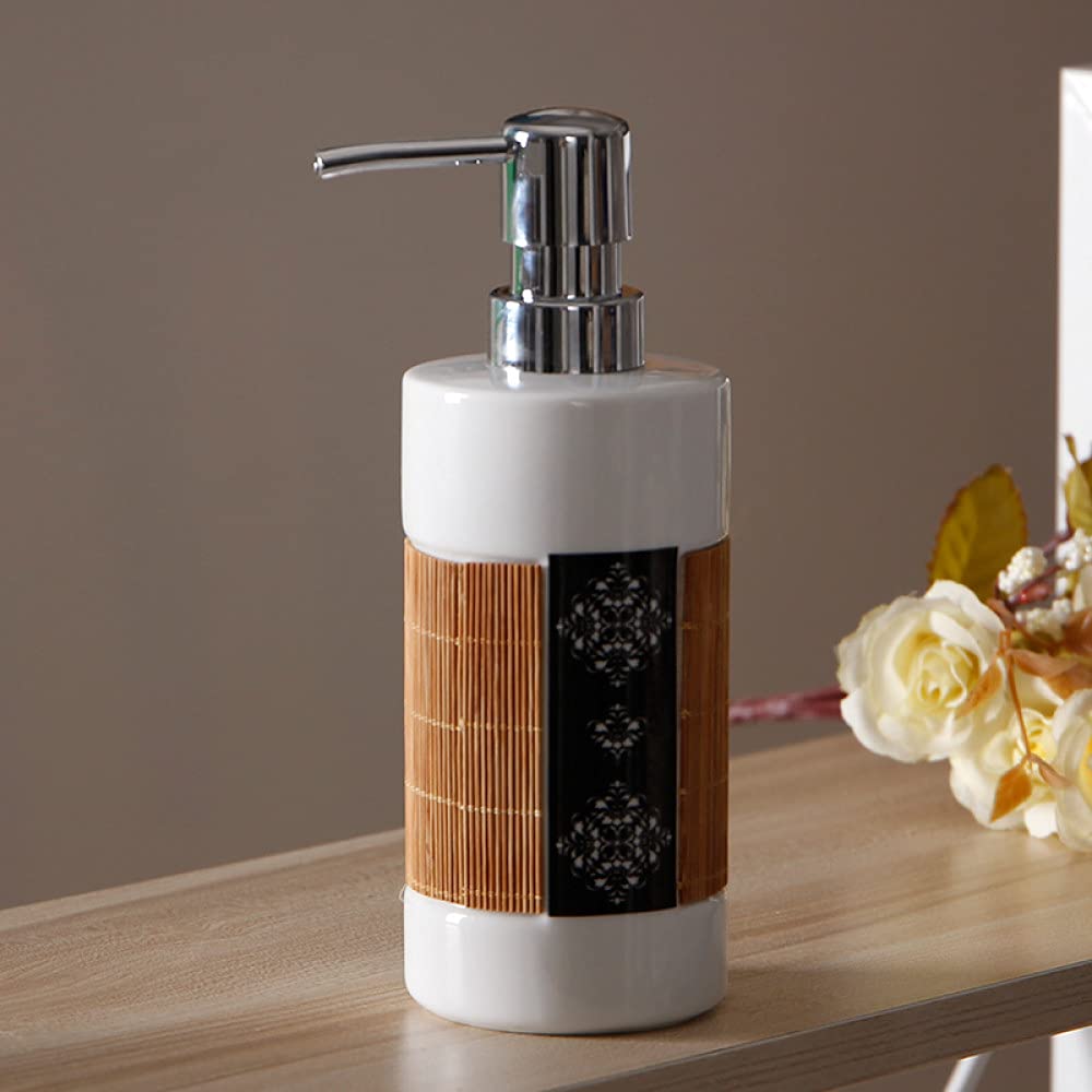 Japanese Style Bamboo Ceramic Soap Dispenser with Silver Pump - Refillable Hand Soap & Lotion Bottle for Bathroom, Kitchen Countertop & Shower Accessories | Perfect for Home, Spa, and Hotel Decor