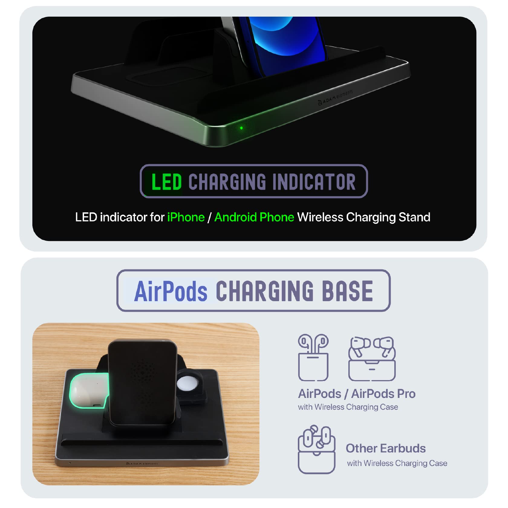 ADAM elements Omnia Q5 5-in-1 Wireless Charging Station - Qi-Certified Fast Charger for iPhone 8-16 Series, Apple Watch, AirPods 2/Pro, Apple Pencil 2 & Android Phones | Perfect for Home, Office & Travel Multi-Device Charging