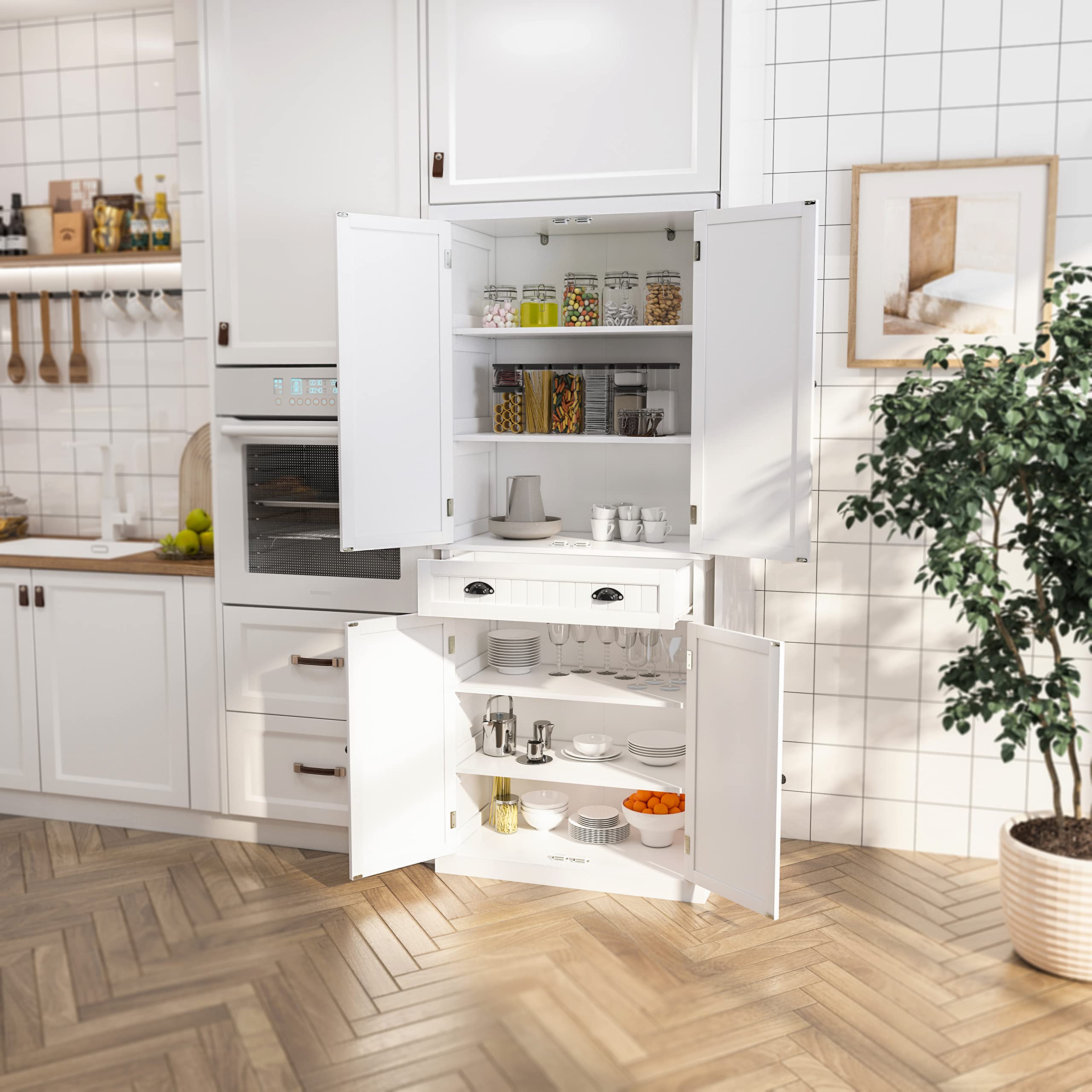 ARTPOWER White Kitchen Pantry Storage Cabinet with Drawer & Adjustable Shelves - Organizer for Kitchen, Bathroom, Hallway | Perfect for Small Spaces, Apartment Living & Home Organization