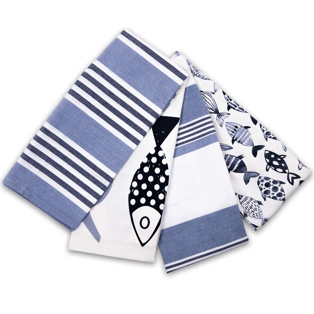 ACCENTHOME 4-Pack Cotton Kitchen Towels - Super Absorbent Dish Towels, Tea Towels & Bar Towels with Fish Design | 20x28 Inch Multi-Purpose Kitchen Linen for Drying Dishes, Hands & Countertops | Perfect for Cooking, Baking, Cleaning & Hosting