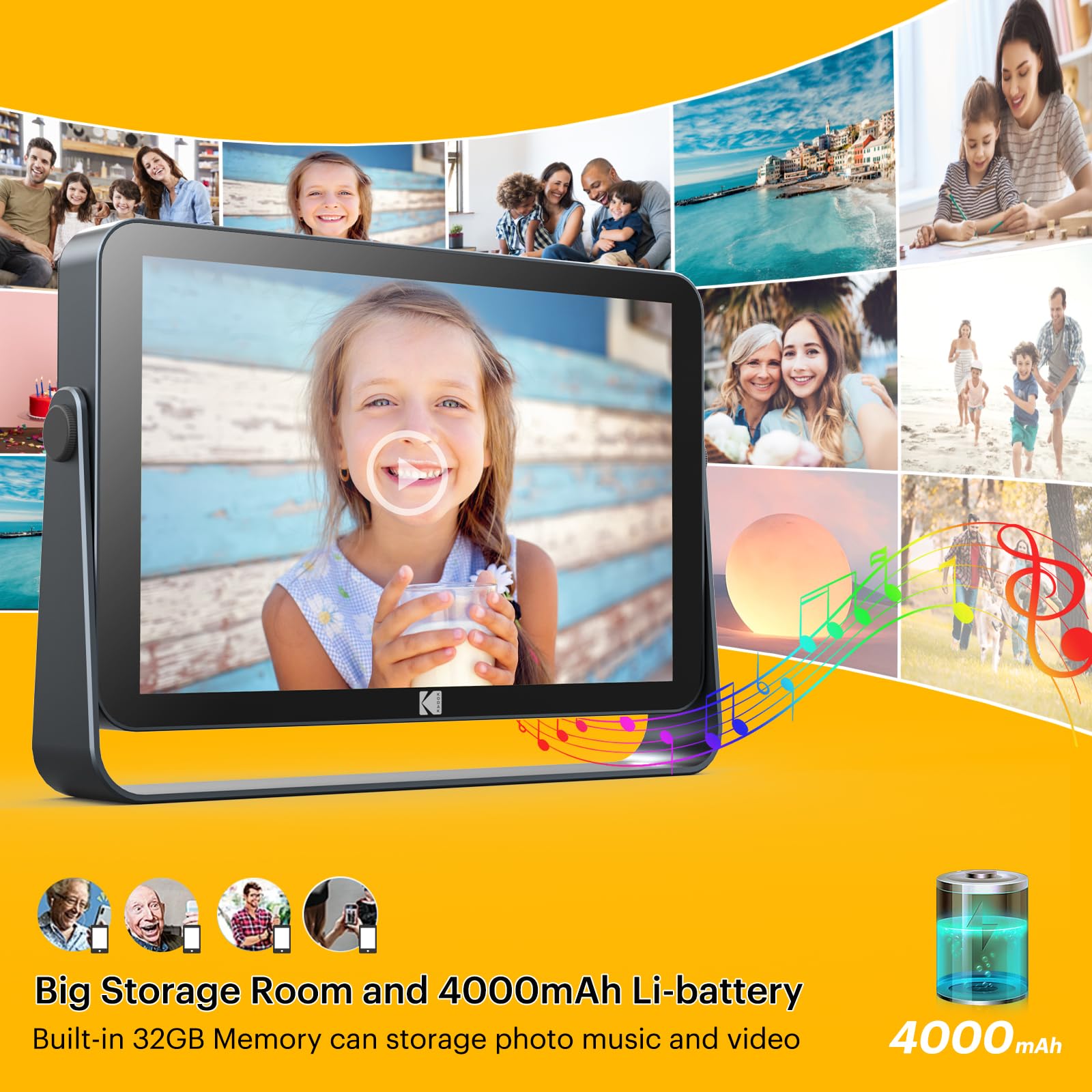 KODAK 10.1 Inch WiFi Digital Photo Frame with 4000mAh Battery - 1920x1200 IPS Touch Screen, 32GB Storage, Auto-Rotate, KODAK App - Perfect Gift for Family & Friends - Display Memories in Living Room, Bedroom or Office