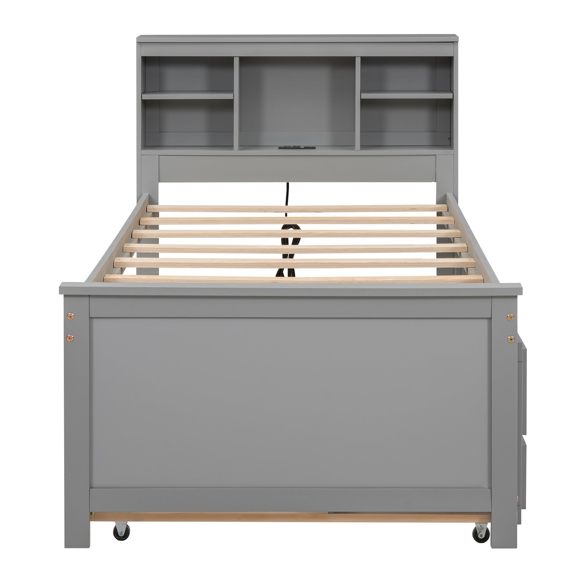 Harper & Bright Designs Twin Bed with Trundle and Storage Drawers, Wooden Twin Bed Frame with Bookcase Headboard & USB Ports - Space-Saving Solution for Kids, Teens & Adults (Gray) | Perfect for Small Bedrooms, Guest Rooms & Dormitories
