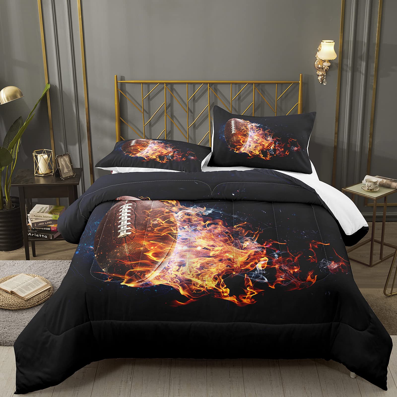 Bodhi Football Comforter Set Full Size for Boys - Fire and Ice Pattern American Football Bedding Set with Quilt & Pillowcases, Black - Perfect for Kids' Room Decor, Sports Themed Bedroom, and Football Fan Gifts