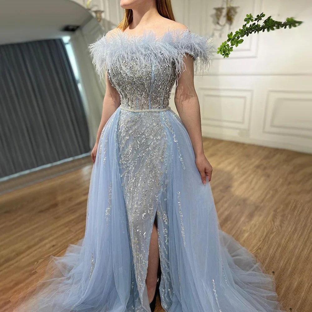 Serene Hill Blue Diamond Feather Mermaid Elegant Evening Dress with Overskirt - Women's Formal Gown for Wedding, Party & Special Occasions 2025 | LA72061
