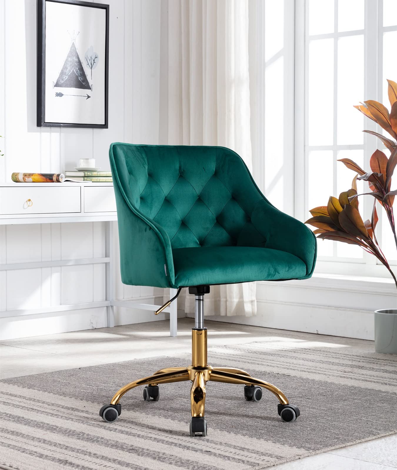 Velvet Office Chair 360° Swivel - Tufted Home Desk Chair with Gold Base - Soft Task Chair for Kids & Students - Living Room Bedroom Furniture (Green) - Perfect for Home Office, Study & Vanity Areas