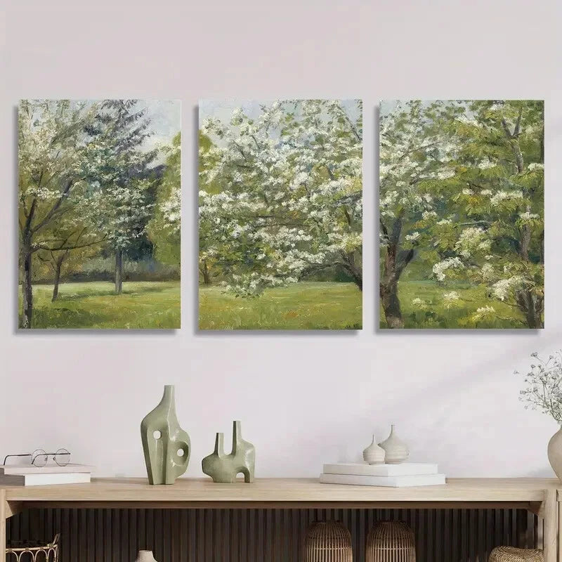 3-Piece Spring Apple Blossom Floral Wall Art Set - Metal Print Canvas Paintings Ready to Hang - Perfect for Living Room, Bedroom & Office Decor