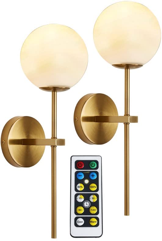 Mid Century Modern Gold Wall Sconces - Set of 2 Battery Operated LED Wall Lights with Remote Control, Brass Long Arm Globe Wall Sconce Lamps - Perfect for Bedroom, Stairway, Bathroom & Hallway Lighting Decor