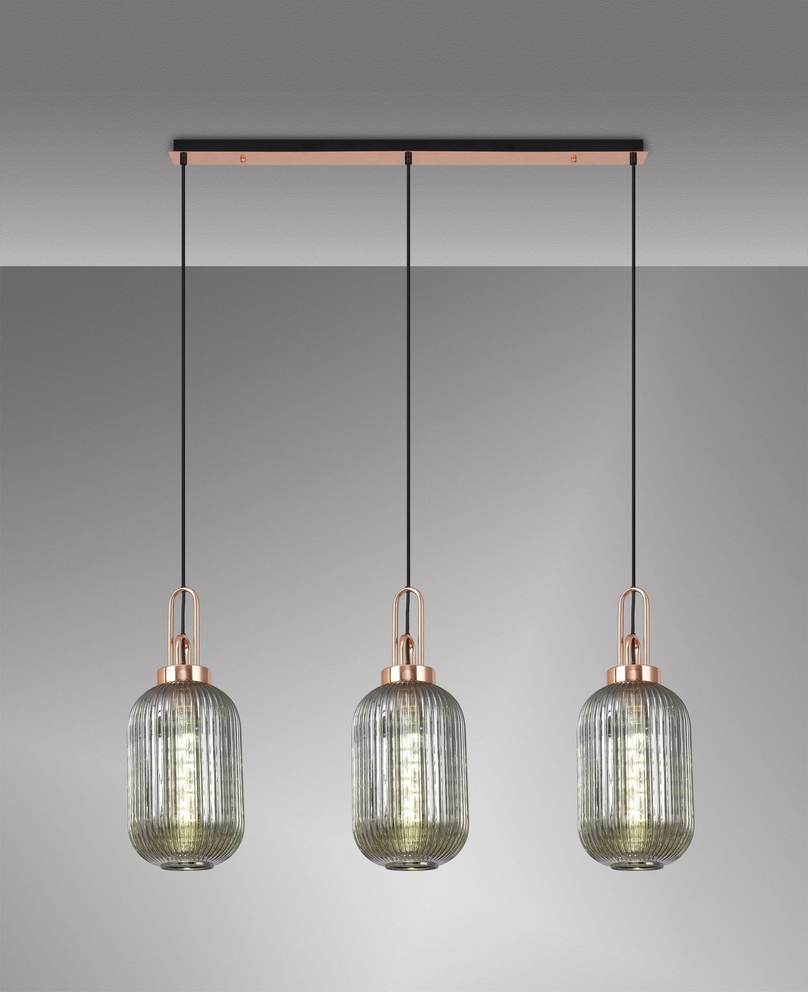 Cadiz 3L Kitchen Island Ceiling Light Fixture - E27 Socket, Copper & Matte Black Finish, Multiple Glass Shade Colors, IP20 Rated - Perfect for Dining Room, Bedroom, or Living Room Lighting