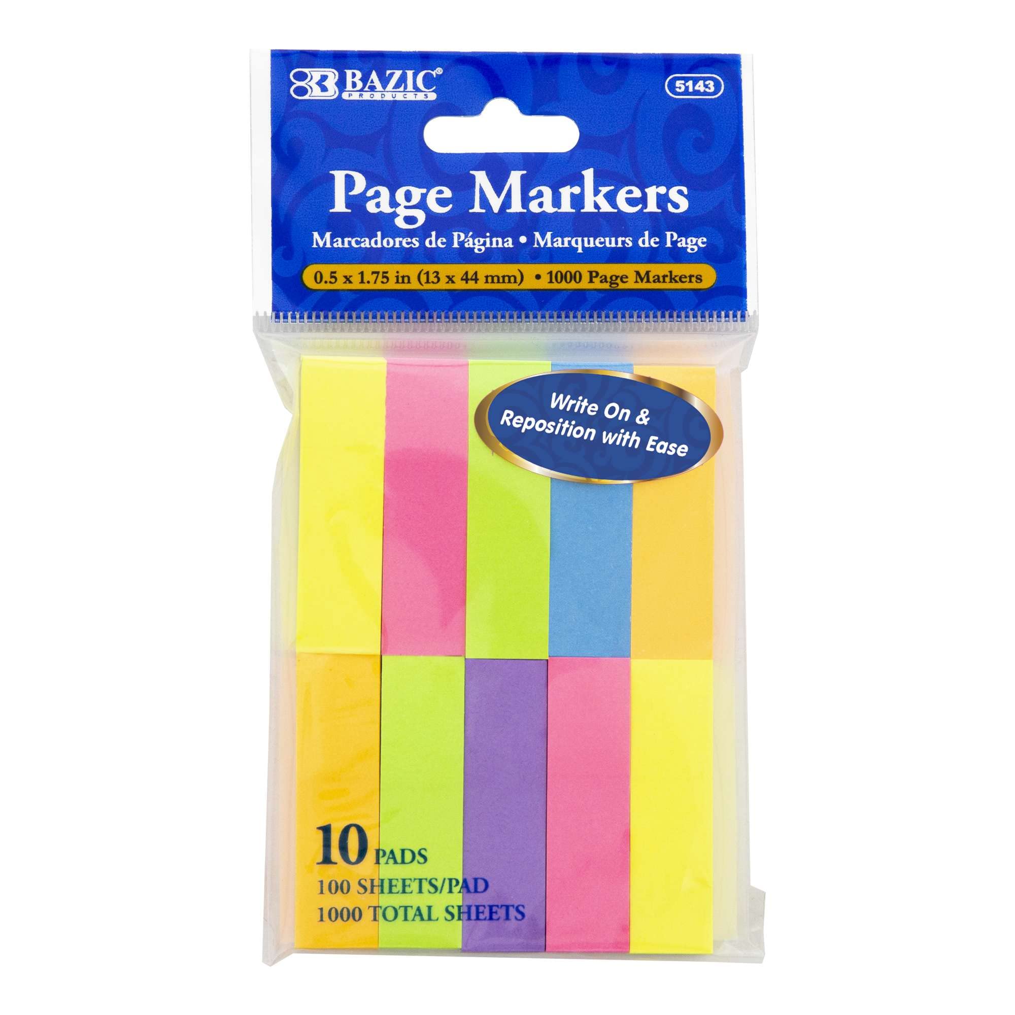 BAZIC Neon Page Markers 0.5x1.75 Inch - 144-Pack of 1000 Writable Sticky Note Tabs, Bright Colored Index Flags for Books, Files & Office Organization - Perfect for Study, Work & Document Marking