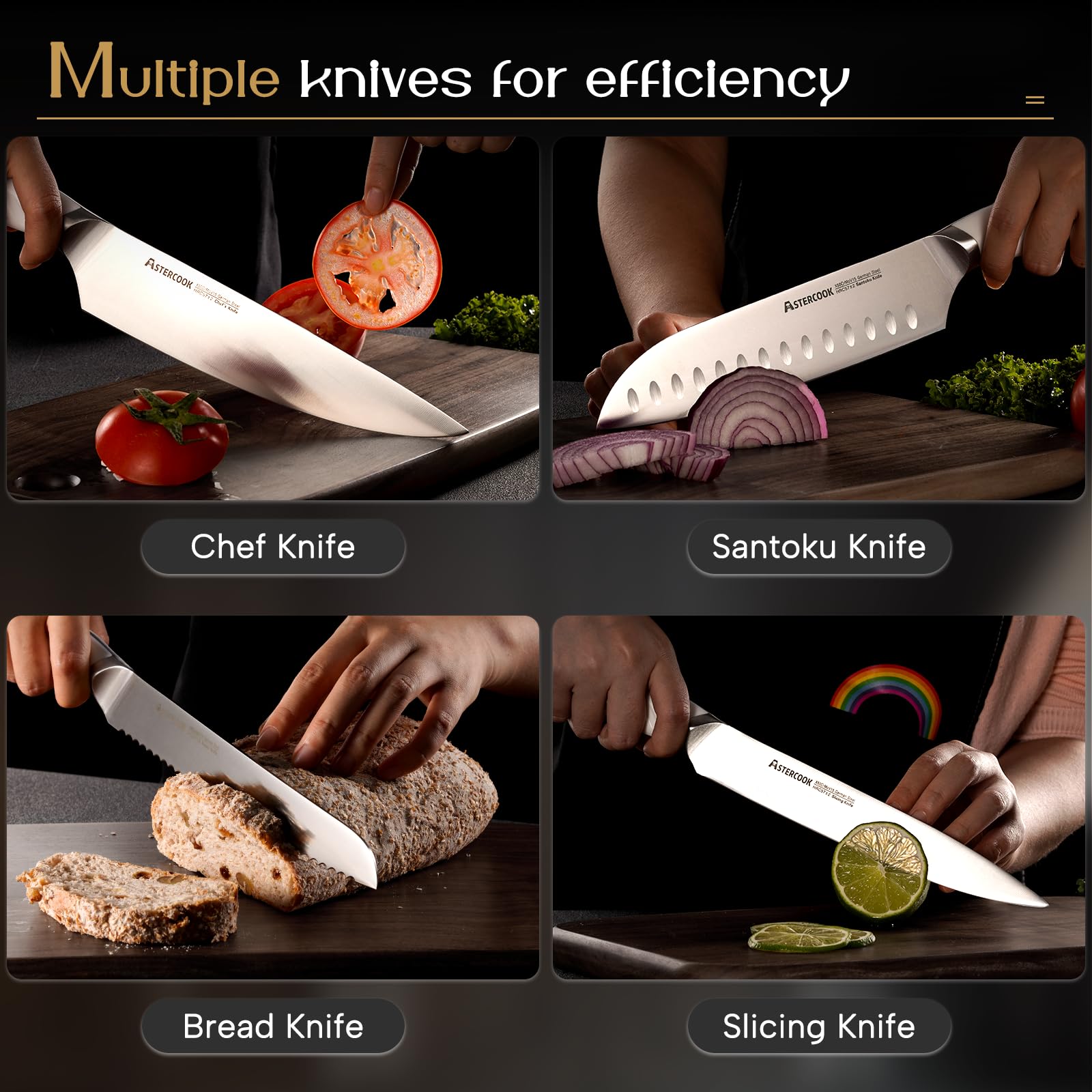 Astercook 15-Piece German Stainless Steel Knife Set with Wooden Block & Sharpener - Full Tang Kitchen Knives, Dishwasher Safe, Anti-Slip Ergonomic Handles (Elegant White) - Perfect for Home Chefs, Cooking Enthusiasts & Professional Kitchens