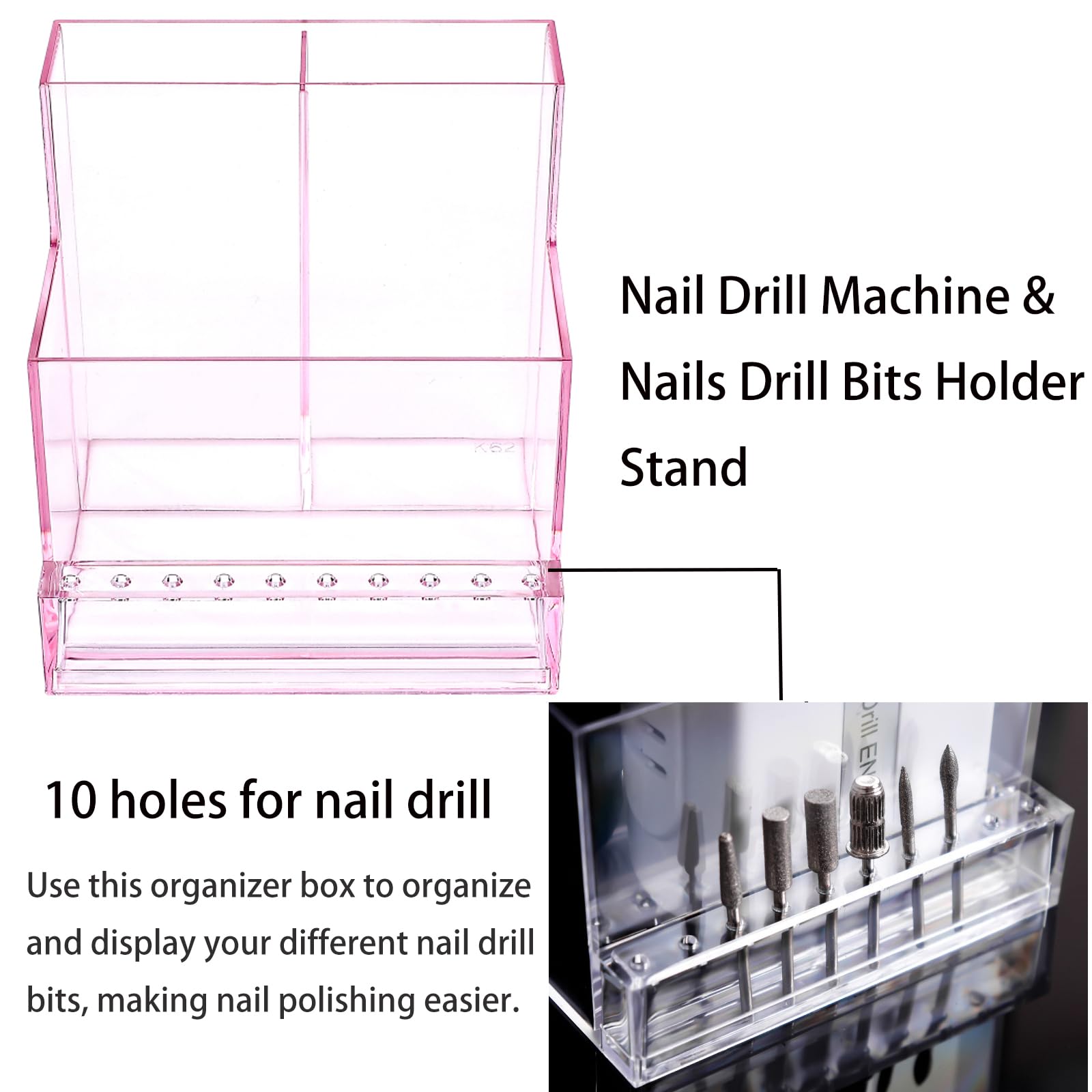 Professional Nail Drill Machine & 10-Slot Transparent Bit Holder Storage Case - Pink Organizer Box for Nail Salon Tools | Perfect for Manicurists & Home Nail Care Enthusiasts