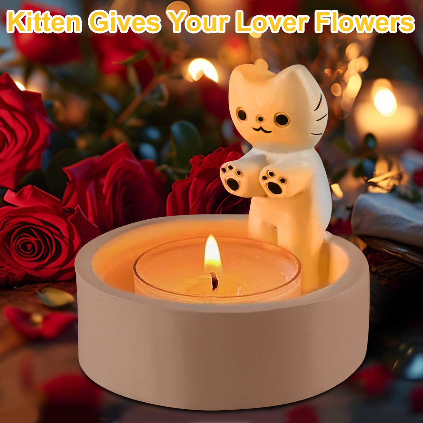 Cute Cartoon Kitten Candle Holder - Handmade Ceramic Cat Candlestick with Warming Paws for Scented Candles | Perfect Cozy Home Decor for Living Room, Bedroom & Gift Ideas