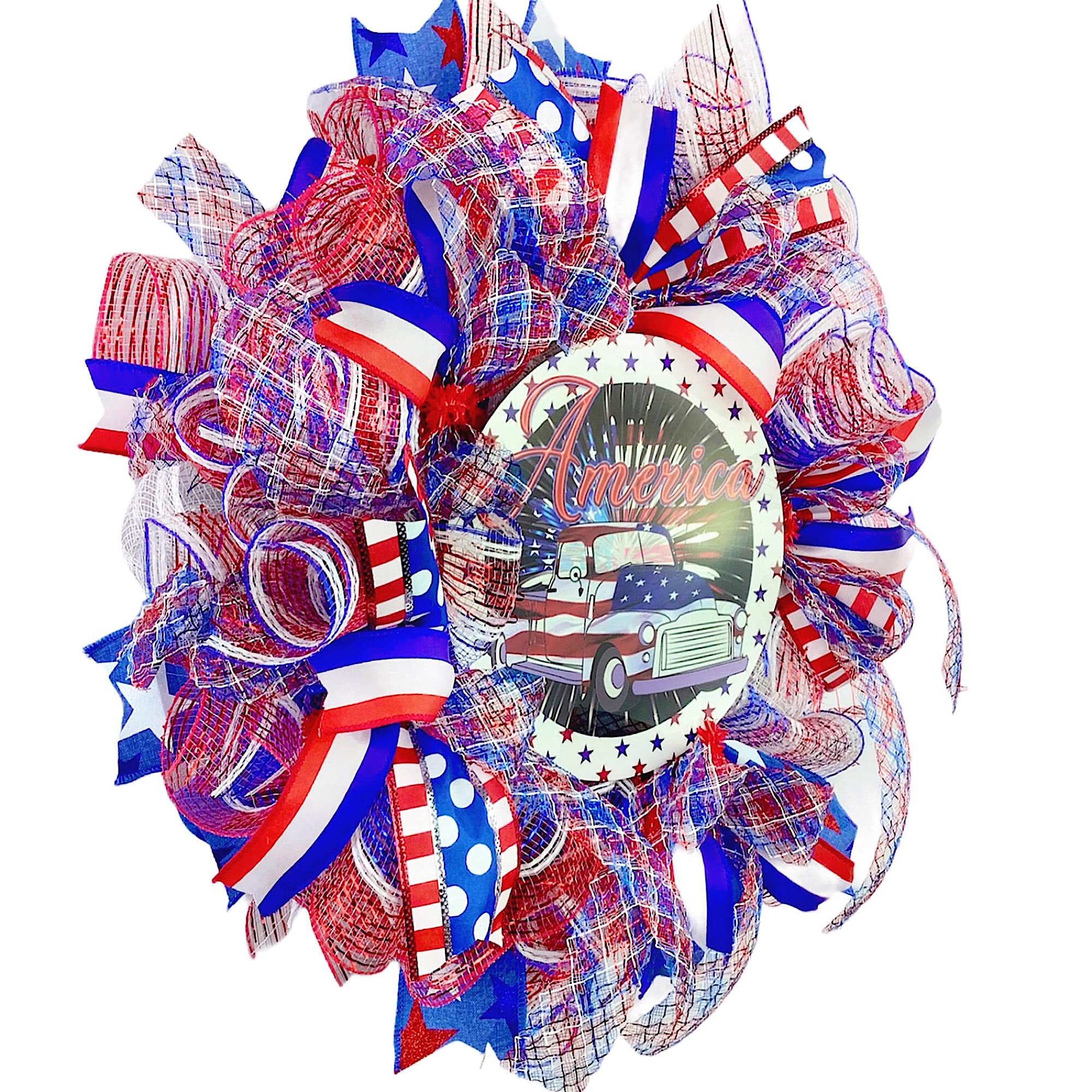 Patriotic Red White and Blue Truck Wreath for Front Door - Independence Day & July 4th Outdoor Decor - Perfect for Porch, House Entryway & Patriotic Holiday Celebrations