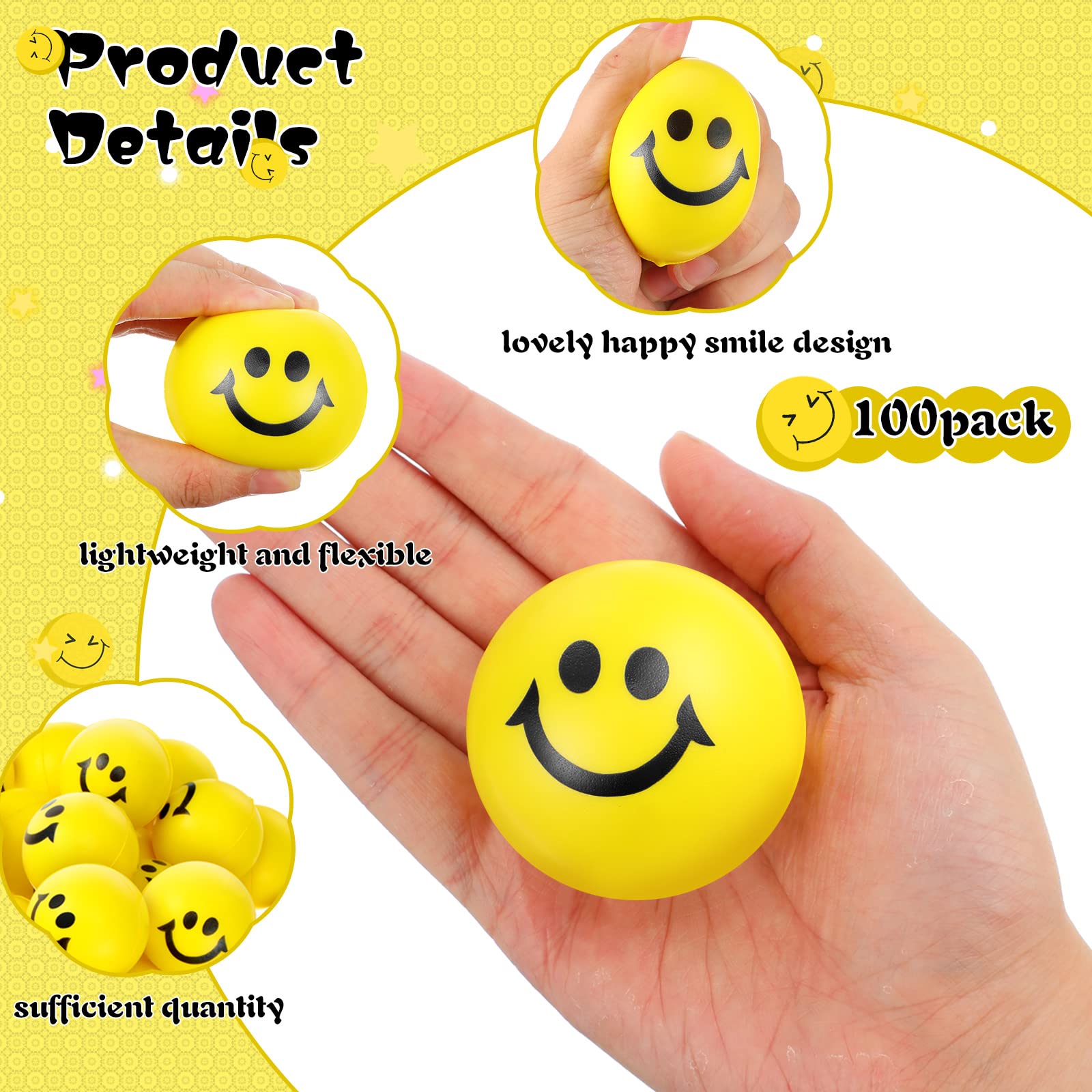 Vinsot 100-Pack 2 Inch Yellow Smiley Face Stress Balls - Bulk Mini Foam Stress Relief Toys for Kids & Adults | Perfect for Classroom Rewards, Office Gifts, Party Favors & Anxiety Relief