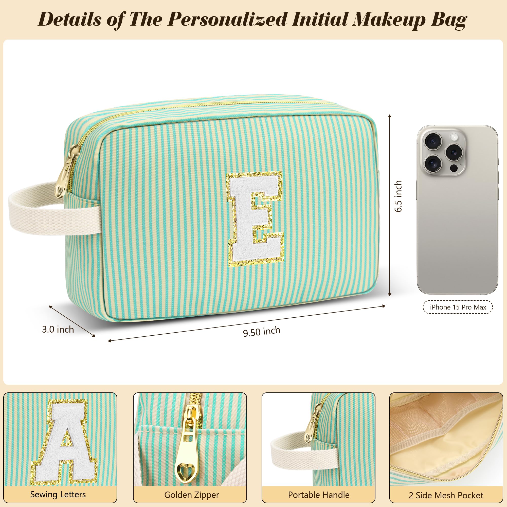 Personalized Initial Makeup Bag Set for Women & Teens - Cute Cosmetic Travel Pouch with Handle & Makeup Brush Organizer (Green & White Stripes) | Perfect Gift for Birthdays, Travel, and Daily Skincare Routine