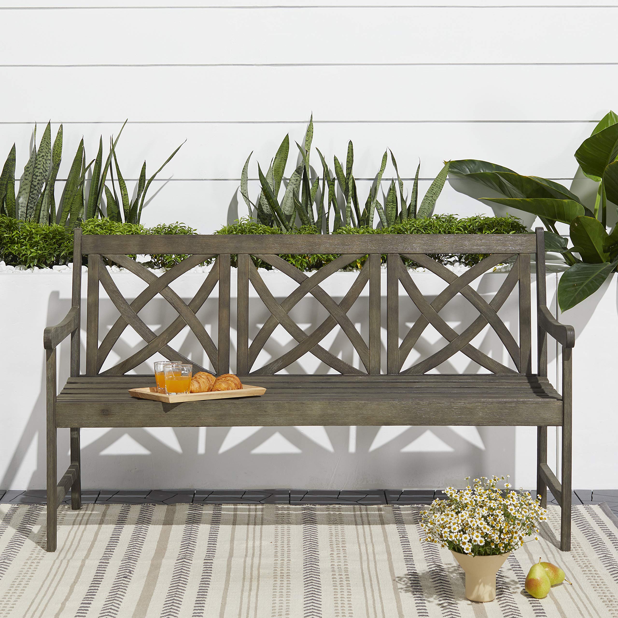 Vifah Renaissance 5-Foot Hand-Scraped Wood Outdoor Patio Bench - Durable Garden Seating for Backyard, Porch, and Park Relaxation