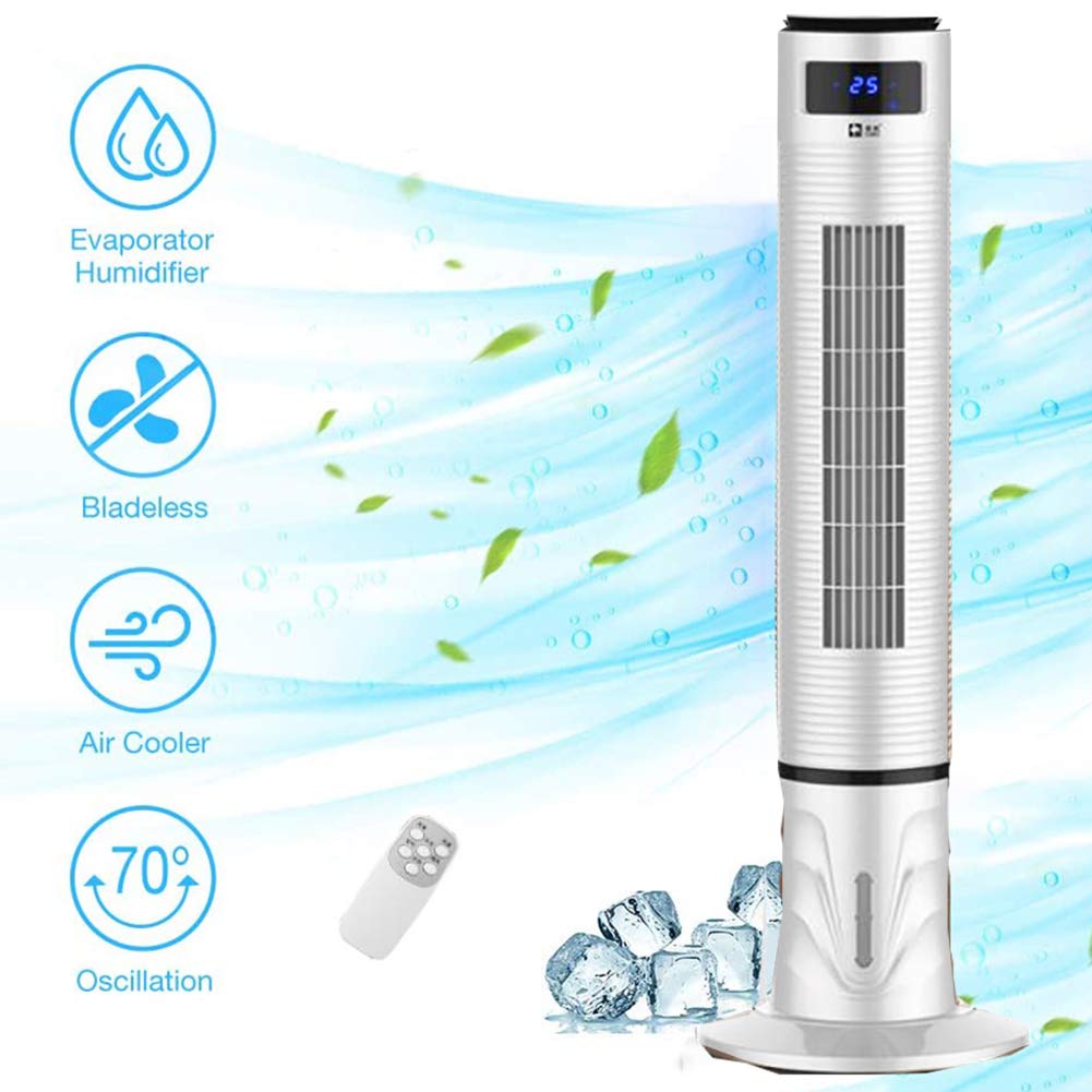 QTQHOME Oscillating Tower Fan with Cooling & Humidifier Function - Bladeless Standing Fan with Remote Control, Evaporative Air Cooler (White, 34cm) - Perfect for Bedroom, Living Room & Office Cooling