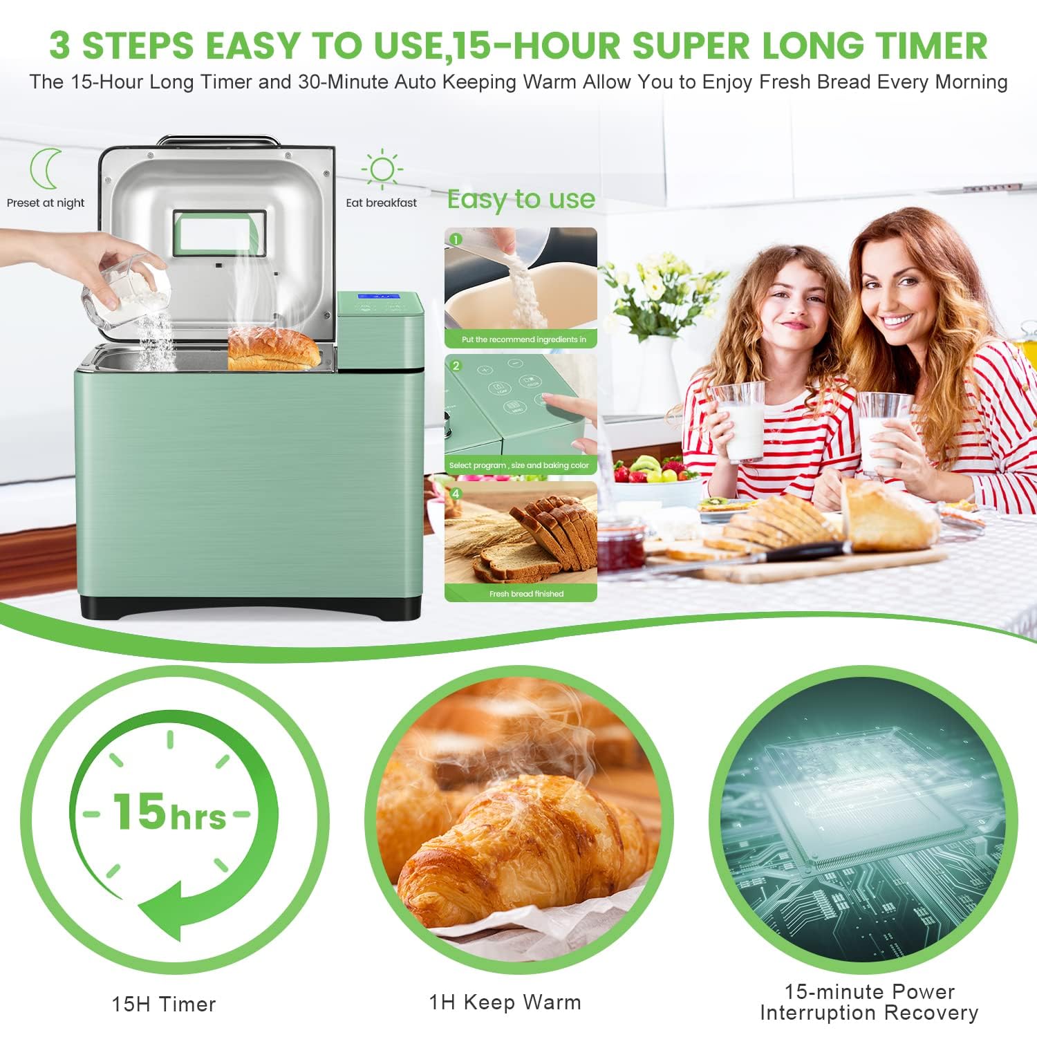 2.2LB Large Bread Maker Machine with Dual Heaters - 17-in-1 Automatic Bread Maker with Die-Cast Ceramic Pan & Auto Fruit Dispenser - Stainless Steel Breadmaker with 15H Timer & Keep Warm - Perfect for Sourdough, Gluten-Free Baking - Ideal for Home Kitchens & Small Bakeries