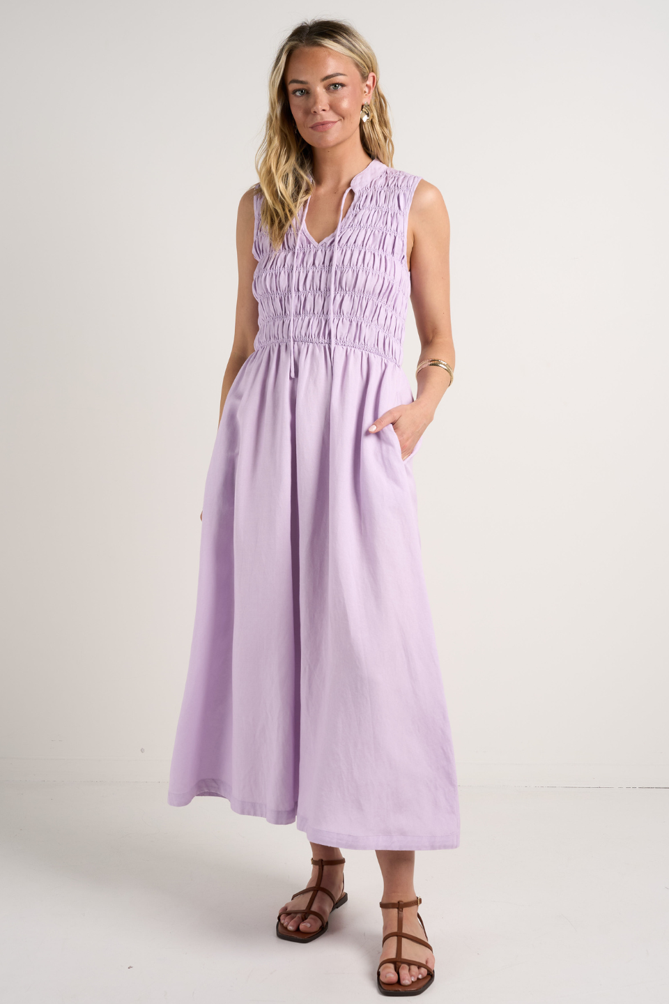 Lilac Sleeveless Split Neck Shirred Midi Dress for Women - Summer Casual Flowy Dress for Beach, Party & Vacation