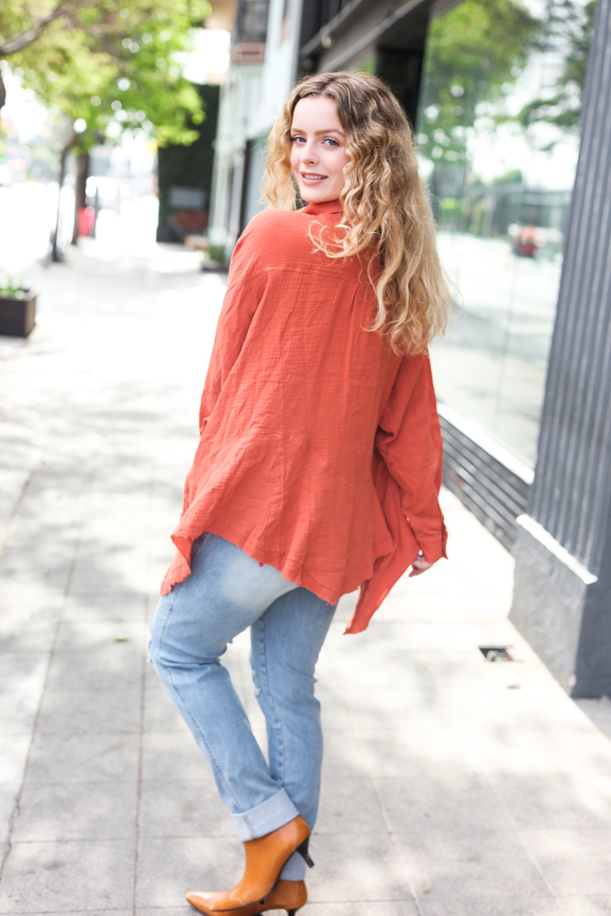 Stylish Rust Button Down Sharkbite Cotton Tunic Top for Women | Comfortable Everyday Wear | Perfect for Office, Casual Outings & Date Nights