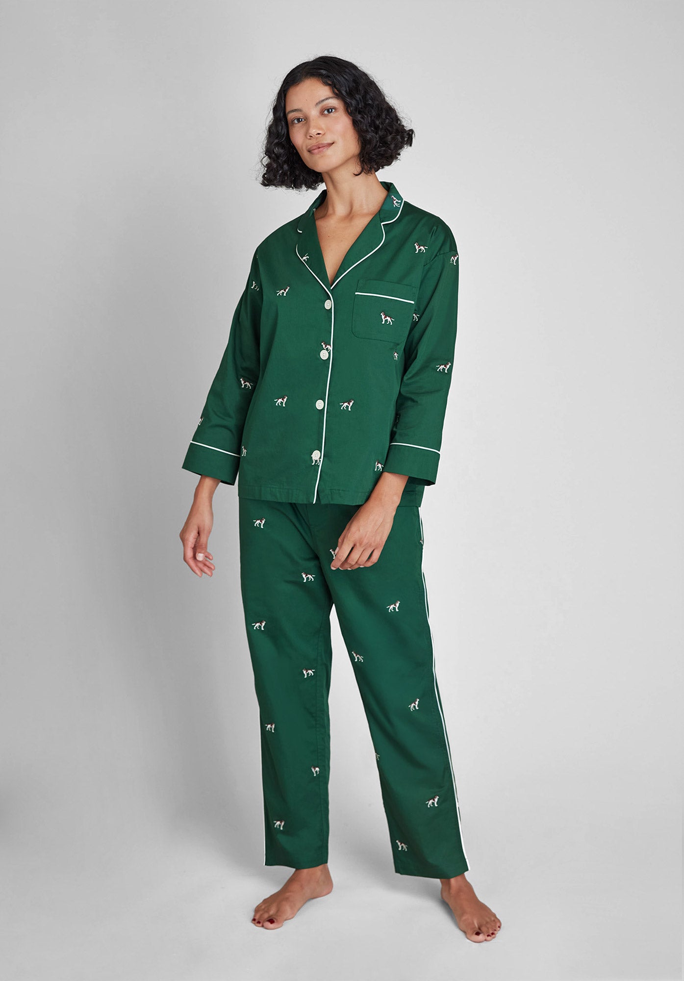 Embroidered Hounds Print Women's Pajama Set - Soft Cotton Sleepwear for Women, Lounge & Sleep Comfort - Perfect for Bedtime, Relaxing at Home & Gift Giving