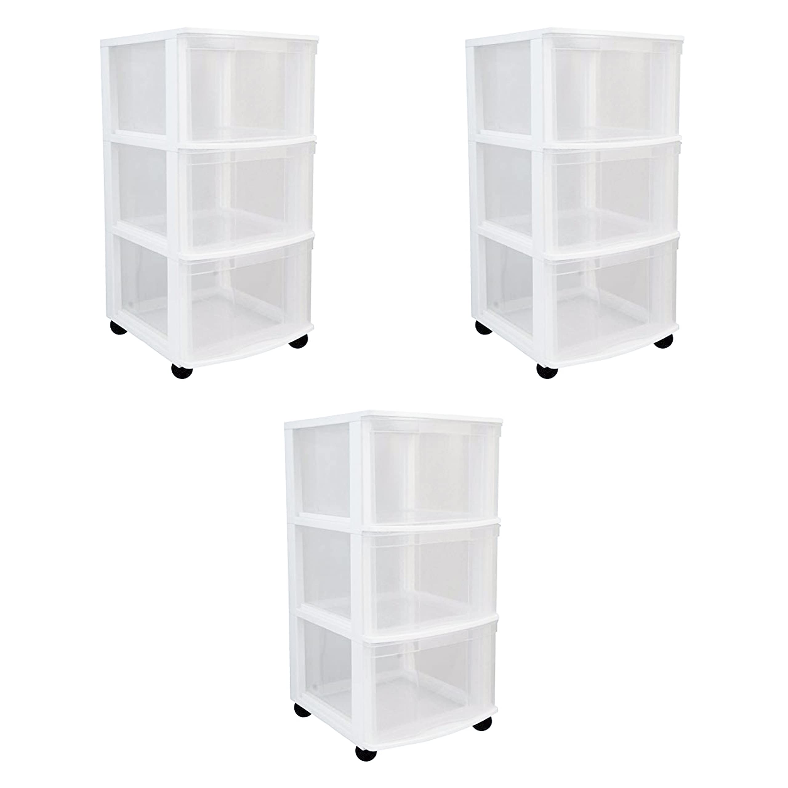Gracious Living Classic 3-Drawer Plastic Storage Cart with Wheels - White Organizer Dresser for Bedroom, Bathroom & Office (3-Pack) | Space-Saving Mobile Storage Solution for Home, Dorm & Closet Organization